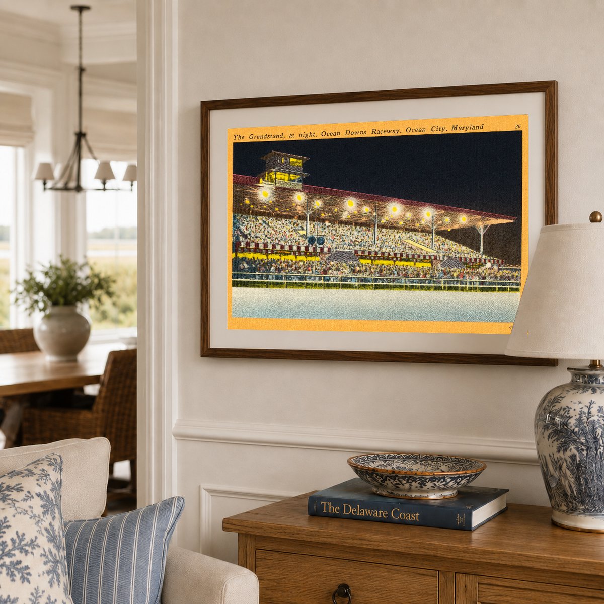 The grandstand, at night, Ocean Downs Raceway, Ocean City, Maryland — Vintage Maryland Postcard