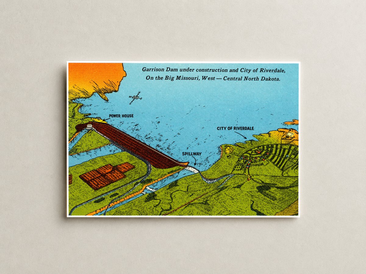 Sakakawea, Lake, ND: Garrison Dam under construction and city of Riverdale, on the Big Missouri, West -- Central North Dakota