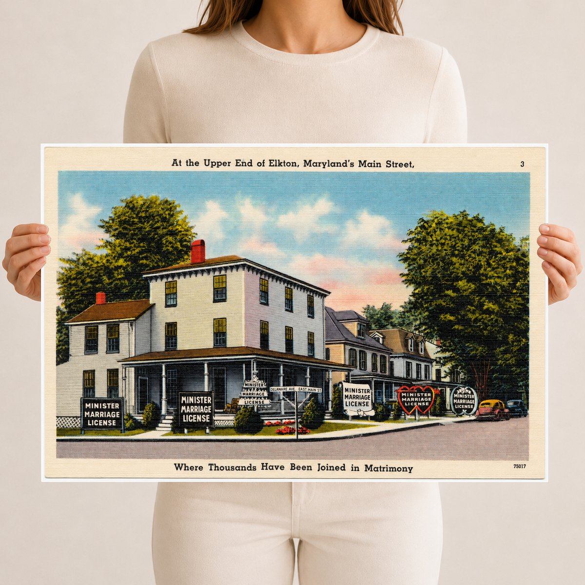 At the upper end of Elkton, Maryland's Main Street, where thousands have been joined in matrimony — Vintage Maryland Postcard