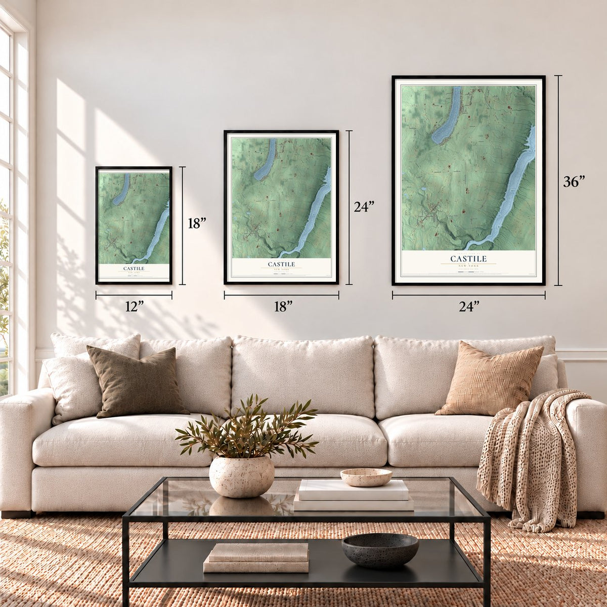Castile, New York map in 12 x 18, 18 x 24 and 24 x 36 inch sizes above a sofa