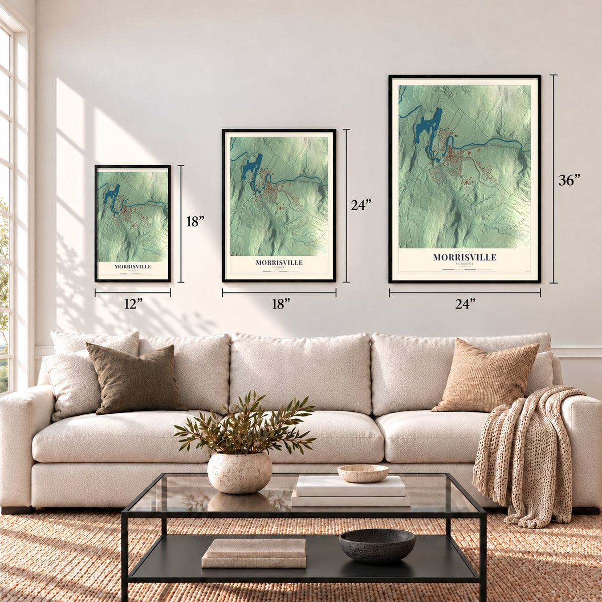 Morrisville, Vermont map in 12 x 18, 18 x 24 and 24 x 36 inch sizes above a sofa