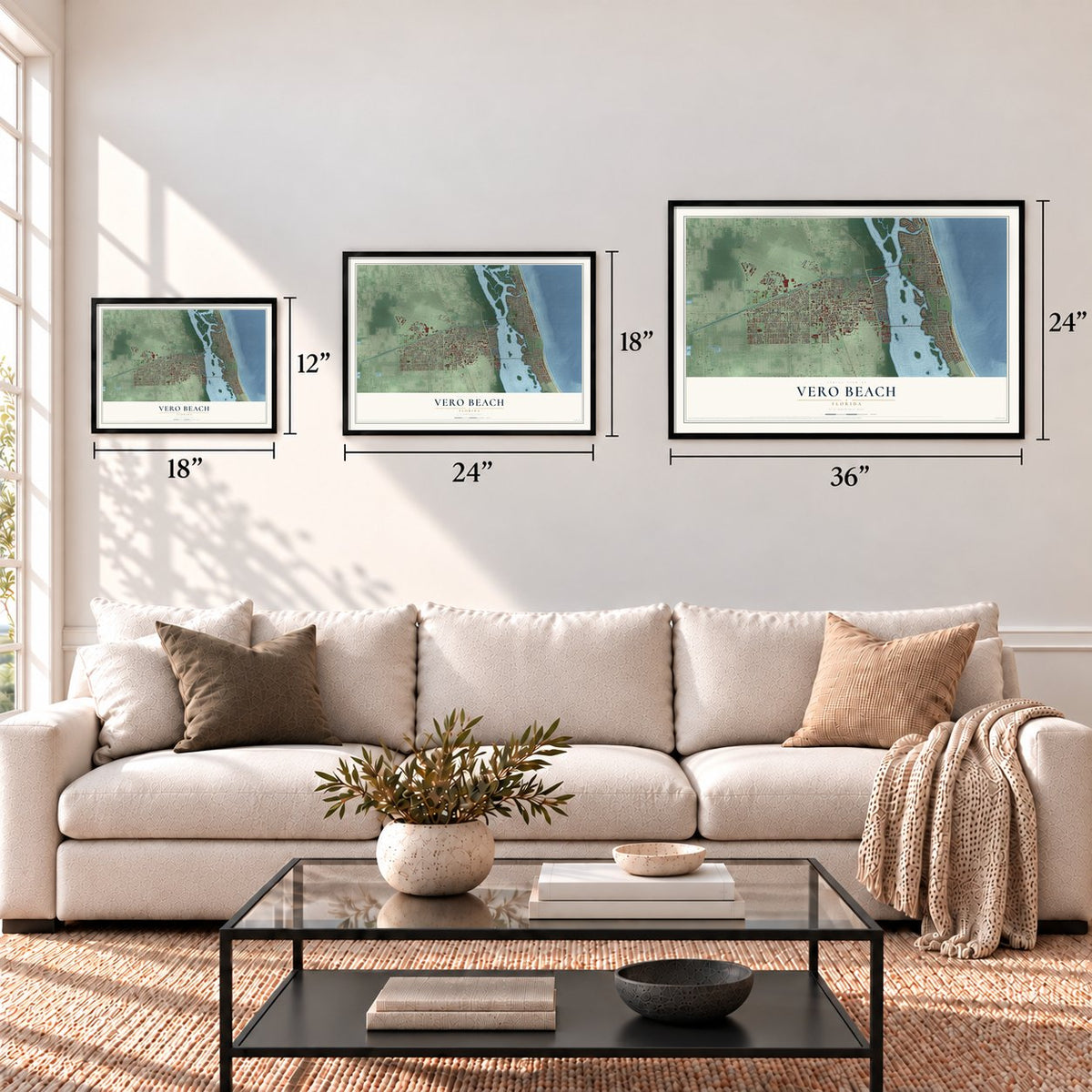 Vero Beach, Florida map in 12 x 18, 18 x 24 and 24 x 36 inch sizes above a sofa