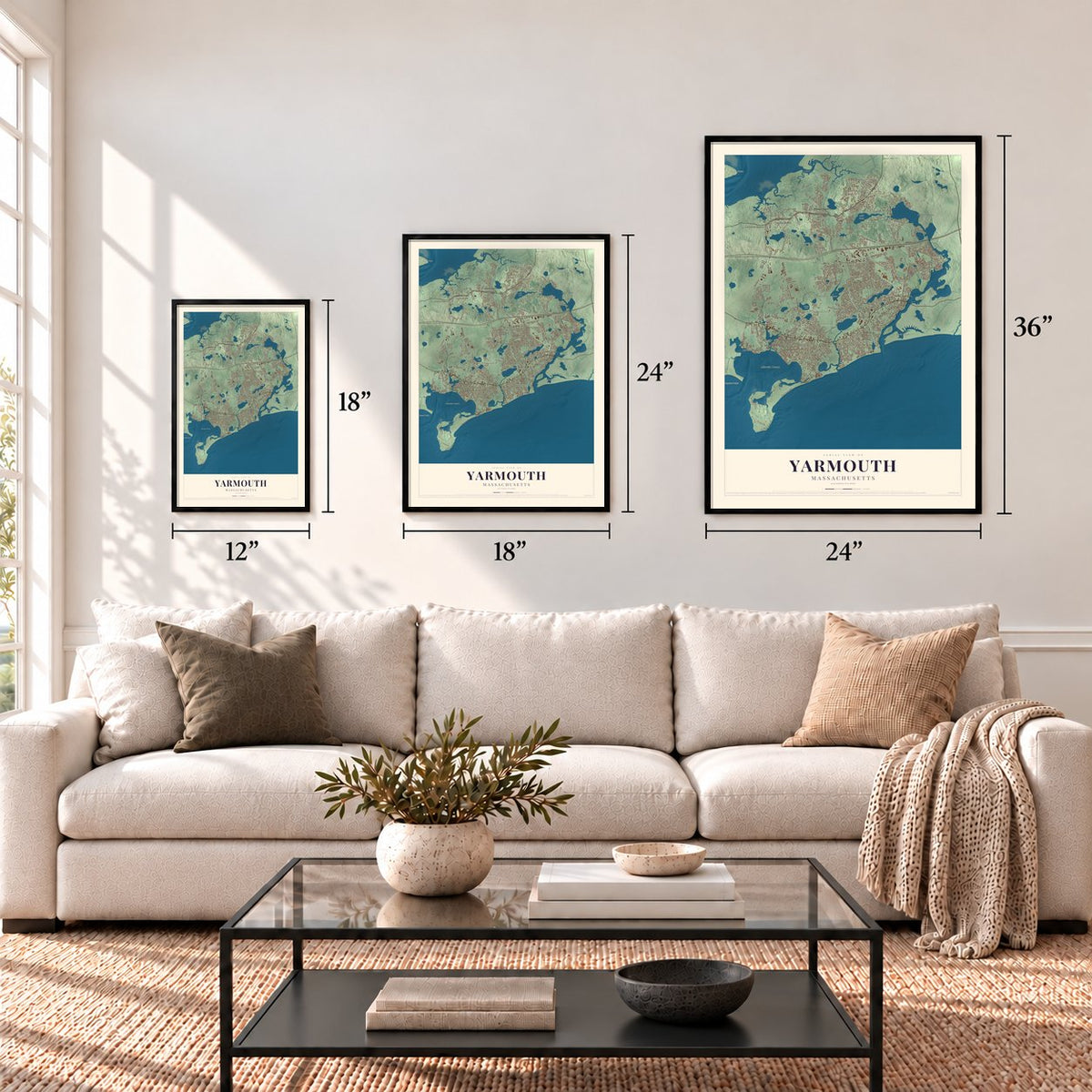 Yarmouth, Massachusetts map in 12 x 18, 18 x 24 and 24 x 36 inch sizes above a sofa