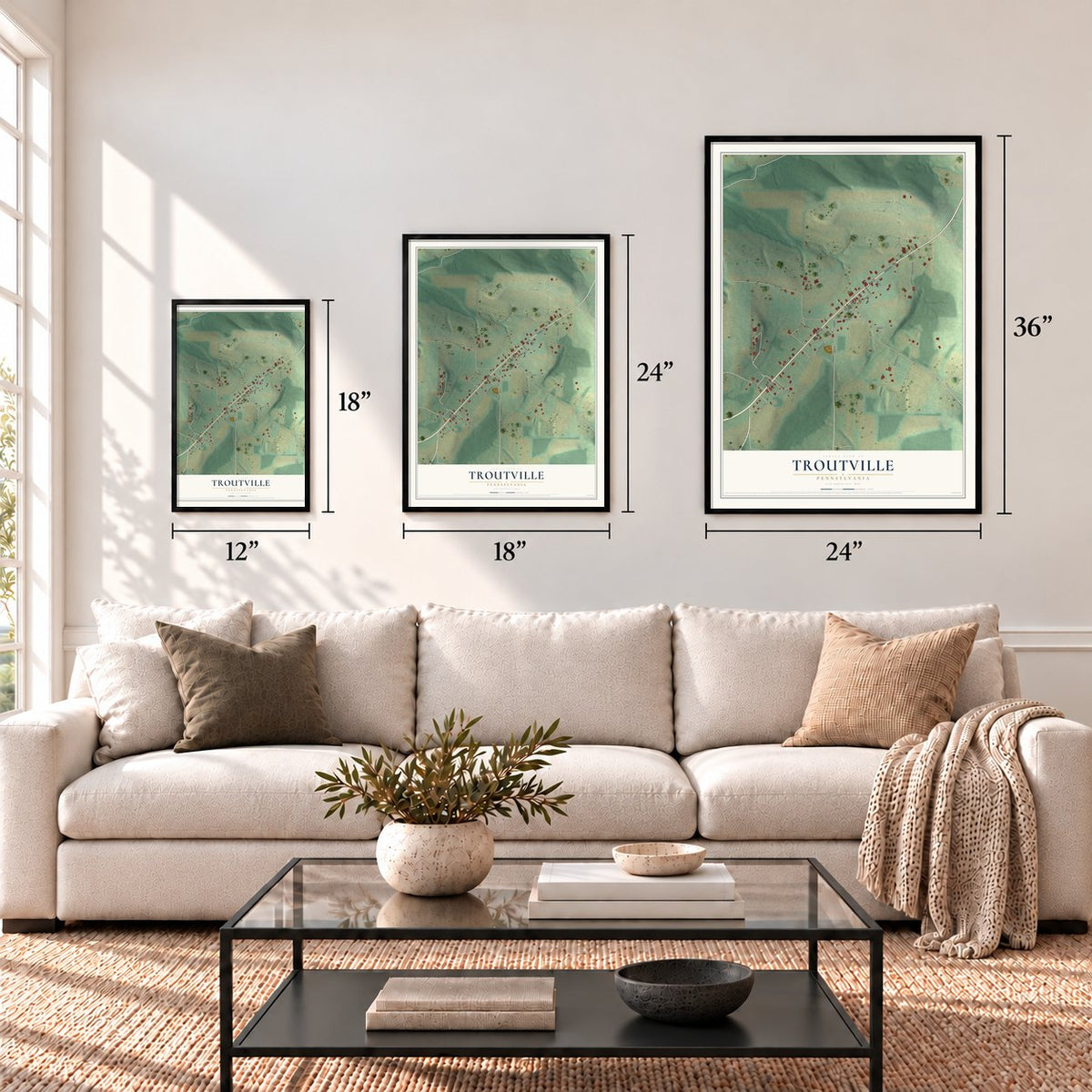 Troutville, Pennsylvania map in 12 x 18, 18 x 24 and 24 x 36 inch sizes above a sofa