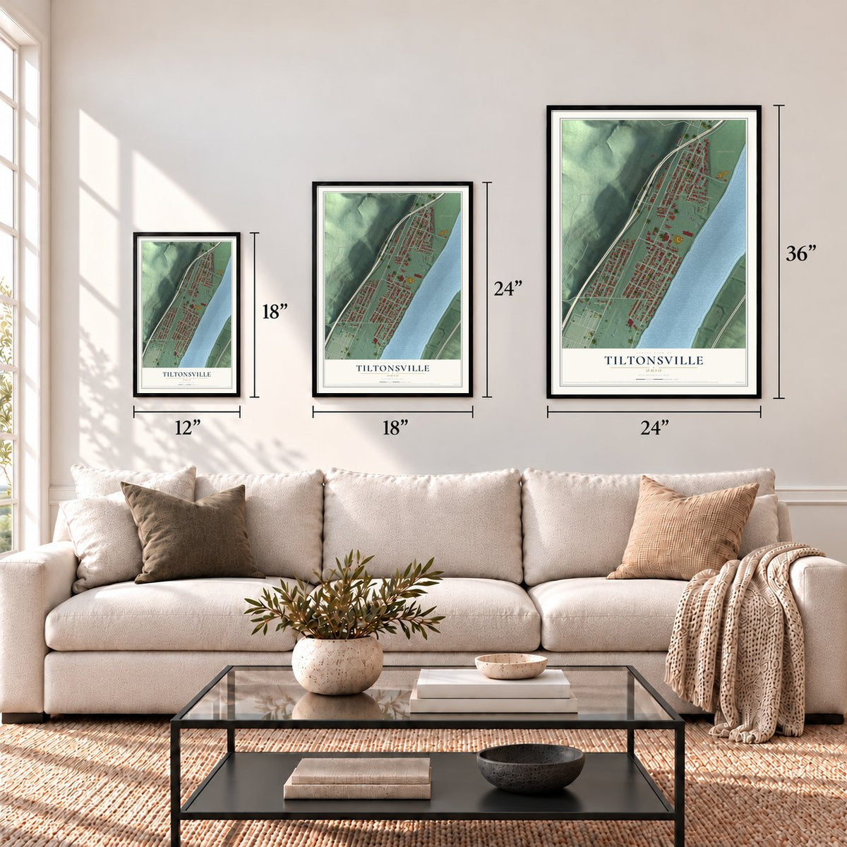 Tiltonsville, Ohio map in 12 x 18, 18 x 24 and 24 x 36 inch sizes above a sofa