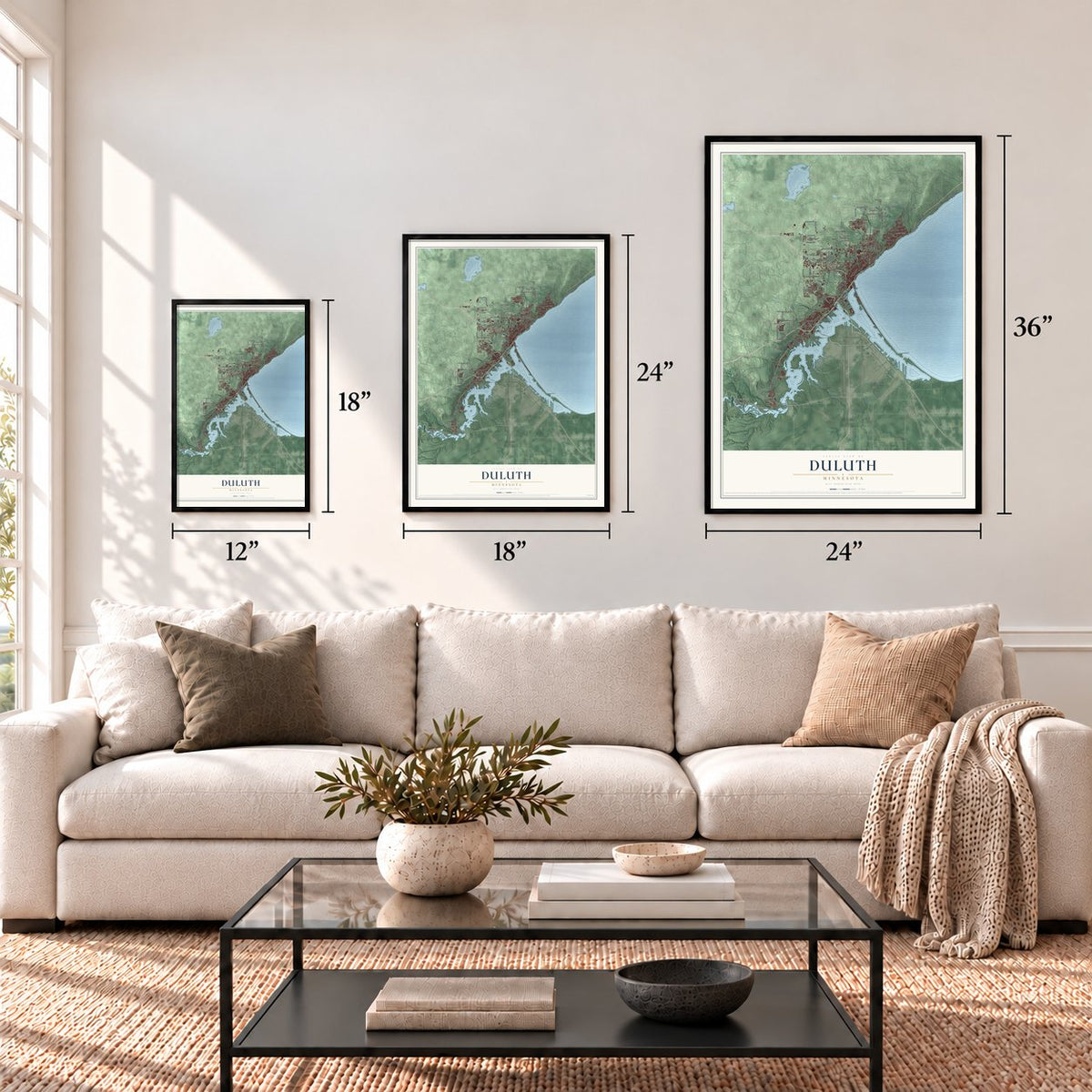 Duluth, Minnesota map in 12 x 18, 18 x 24 and 24 x 36 inch sizes above a sofa