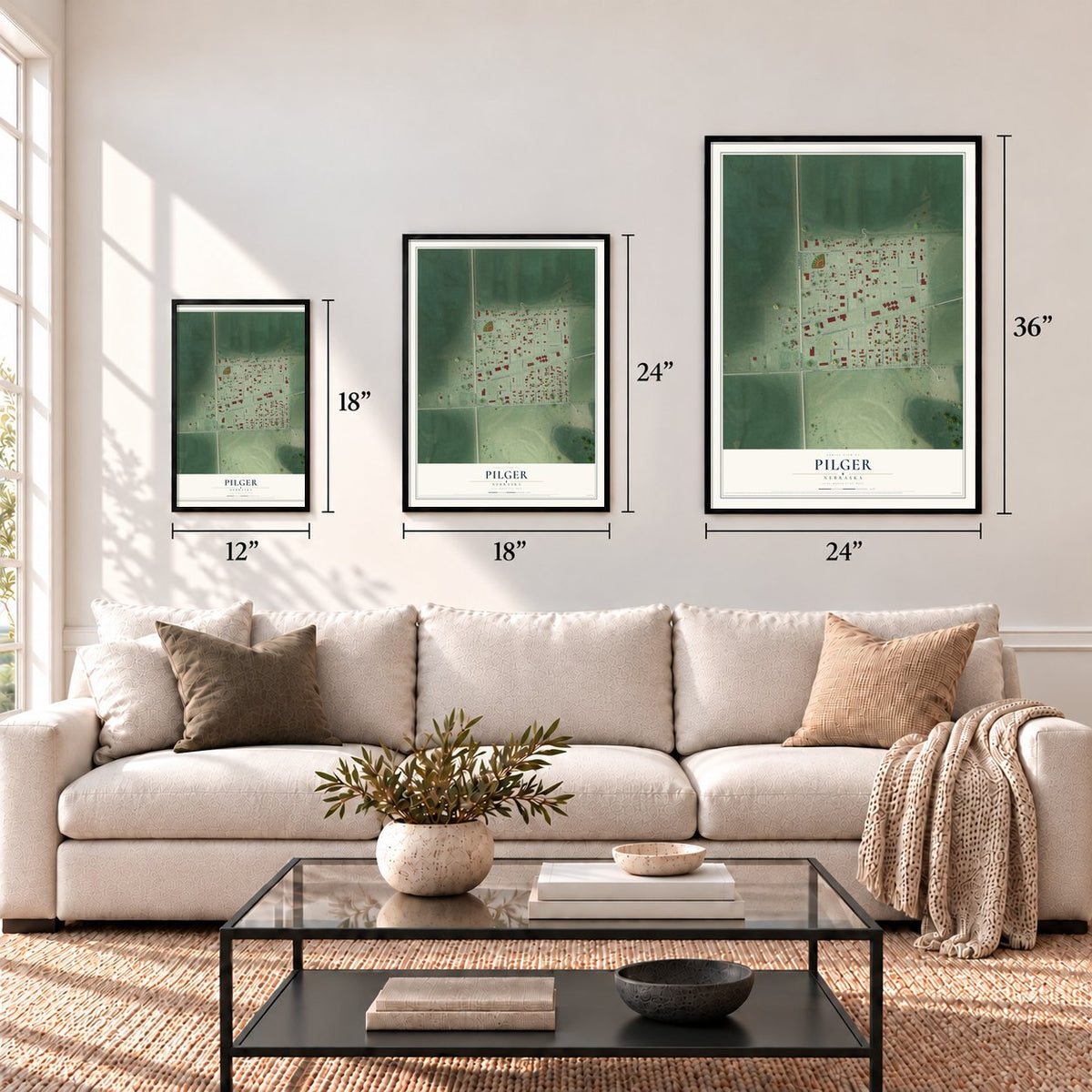 Pilger, Nebraska map in 12 x 18, 18 x 24 and 24 x 36 inch sizes above a sofa