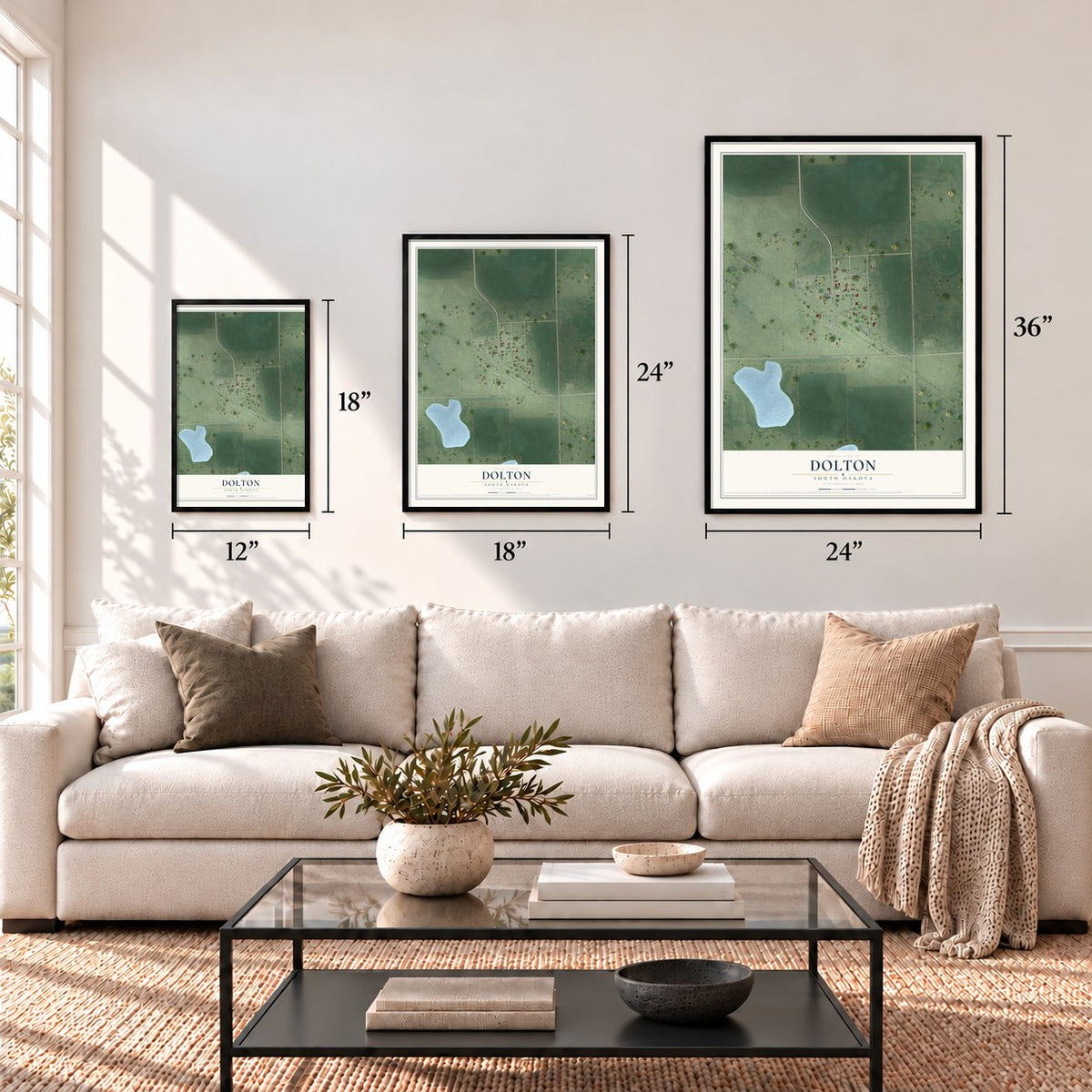 Dolton, South Dakota map in 12 x 18, 18 x 24 and 24 x 36 inch sizes above a sofa