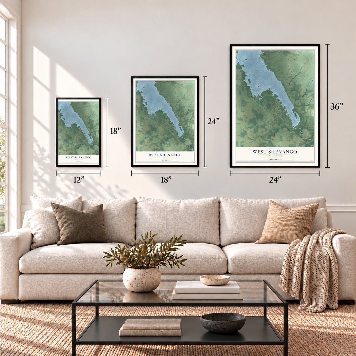 West Shenango, Pennsylvania map in 12 x 18, 18 x 24 and 24 x 36 inch sizes above a sofa