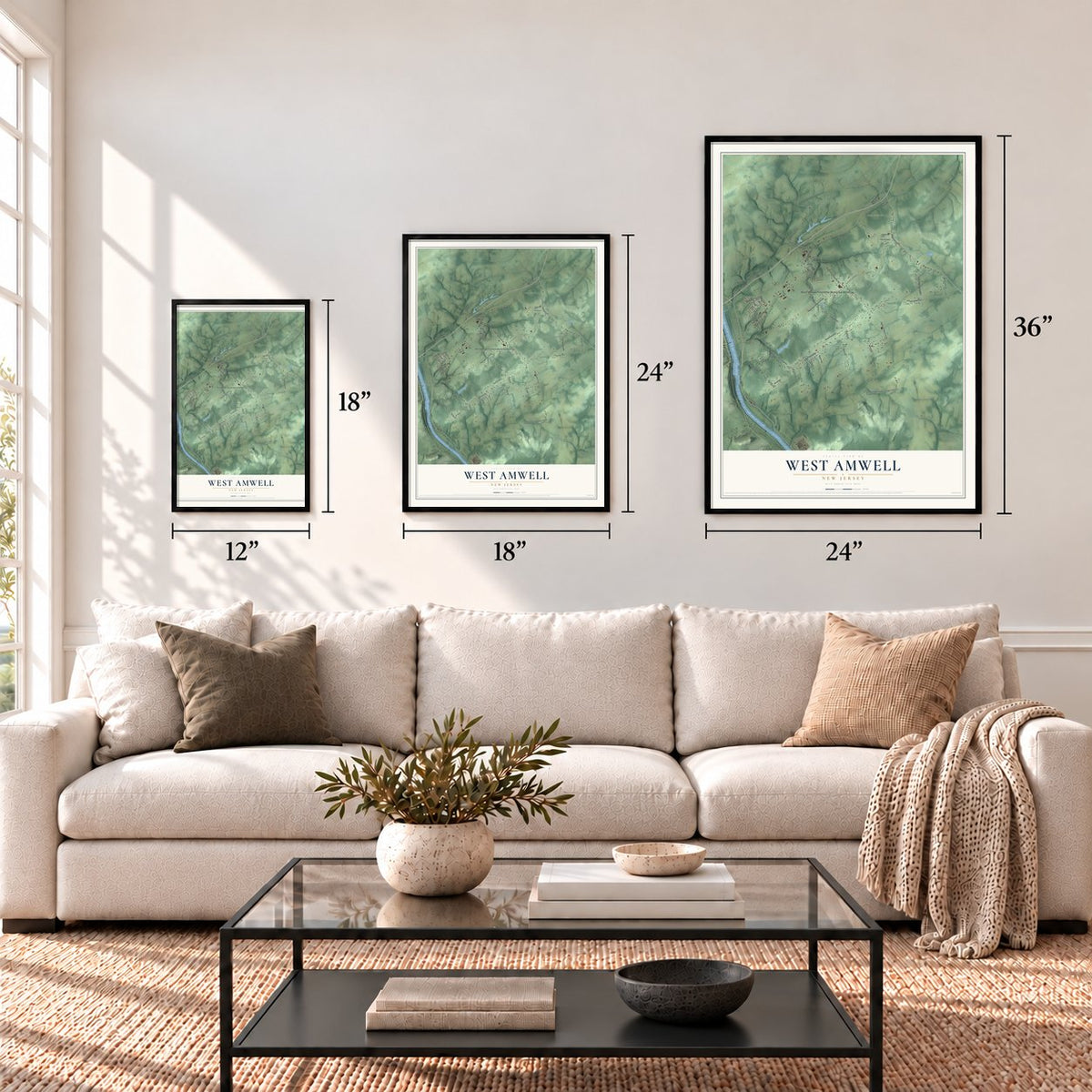 West Amwell, New Jersey map in 12 x 18, 18 x 24 and 24 x 36 inch sizes above a sofa
