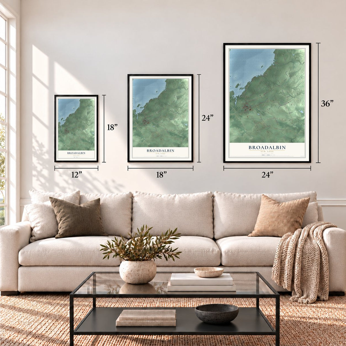Broadalbin, New York map in 12 x 18, 18 x 24 and 24 x 36 inch sizes above a sofa