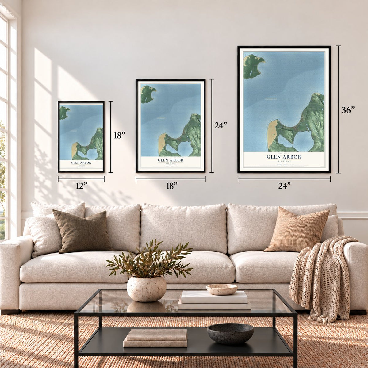 Glen Arbor, Michigan map in 12 x 18, 18 x 24 and 24 x 36 inch sizes above a sofa