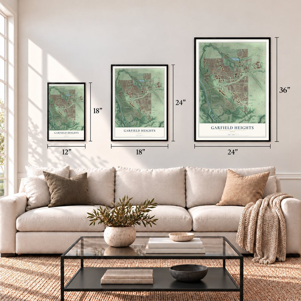 Garfield Heights, Ohio map in 12 x 18, 18 x 24 and 24 x 36 inch sizes above a sofa