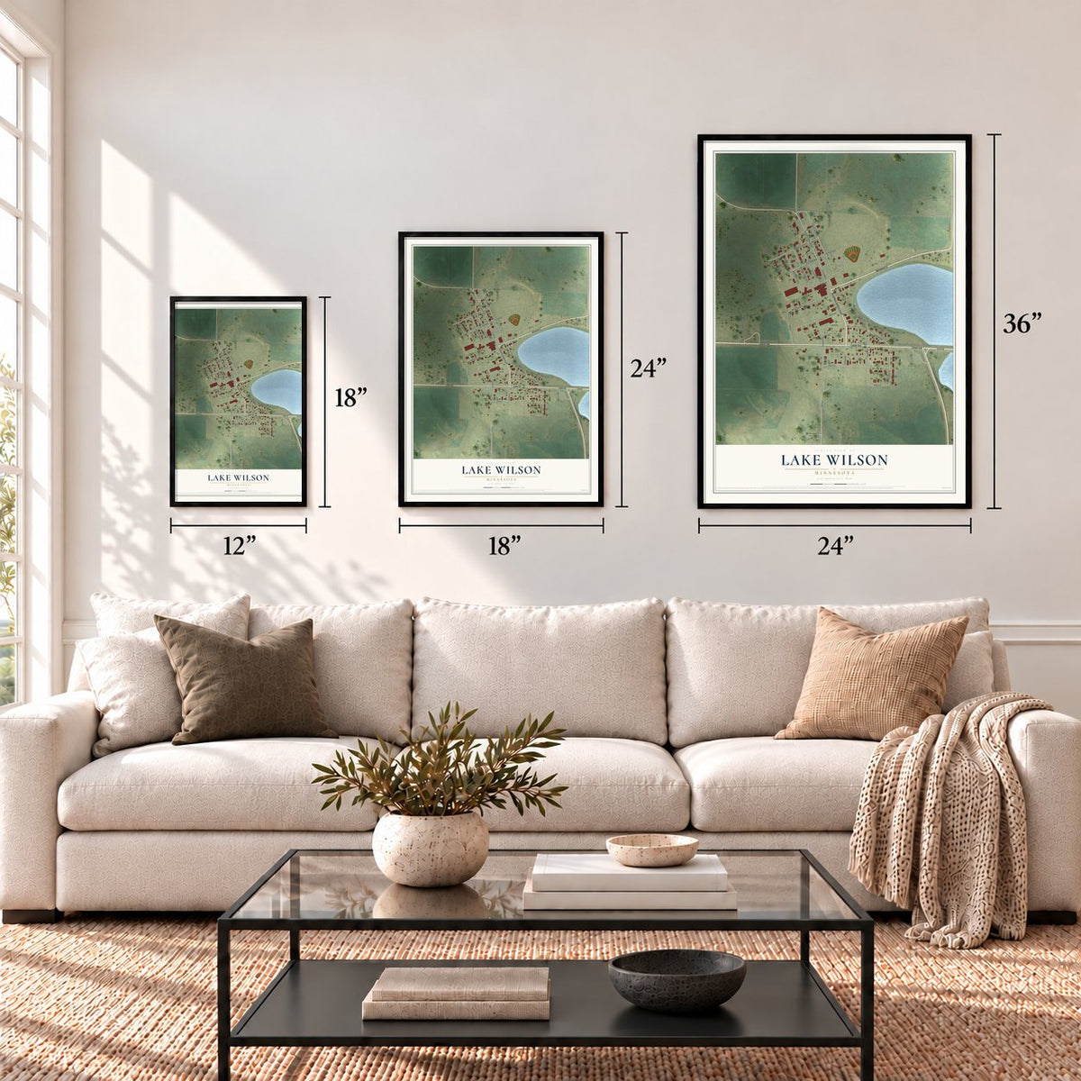 Lake Wilson, Minnesota map in 12 x 18, 18 x 24 and 24 x 36 inch sizes above a sofa