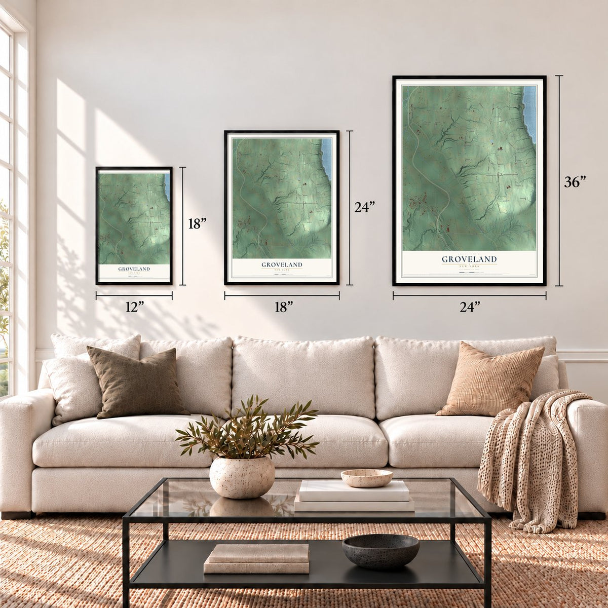 Groveland, New York map in 12 x 18, 18 x 24 and 24 x 36 inch sizes above a sofa