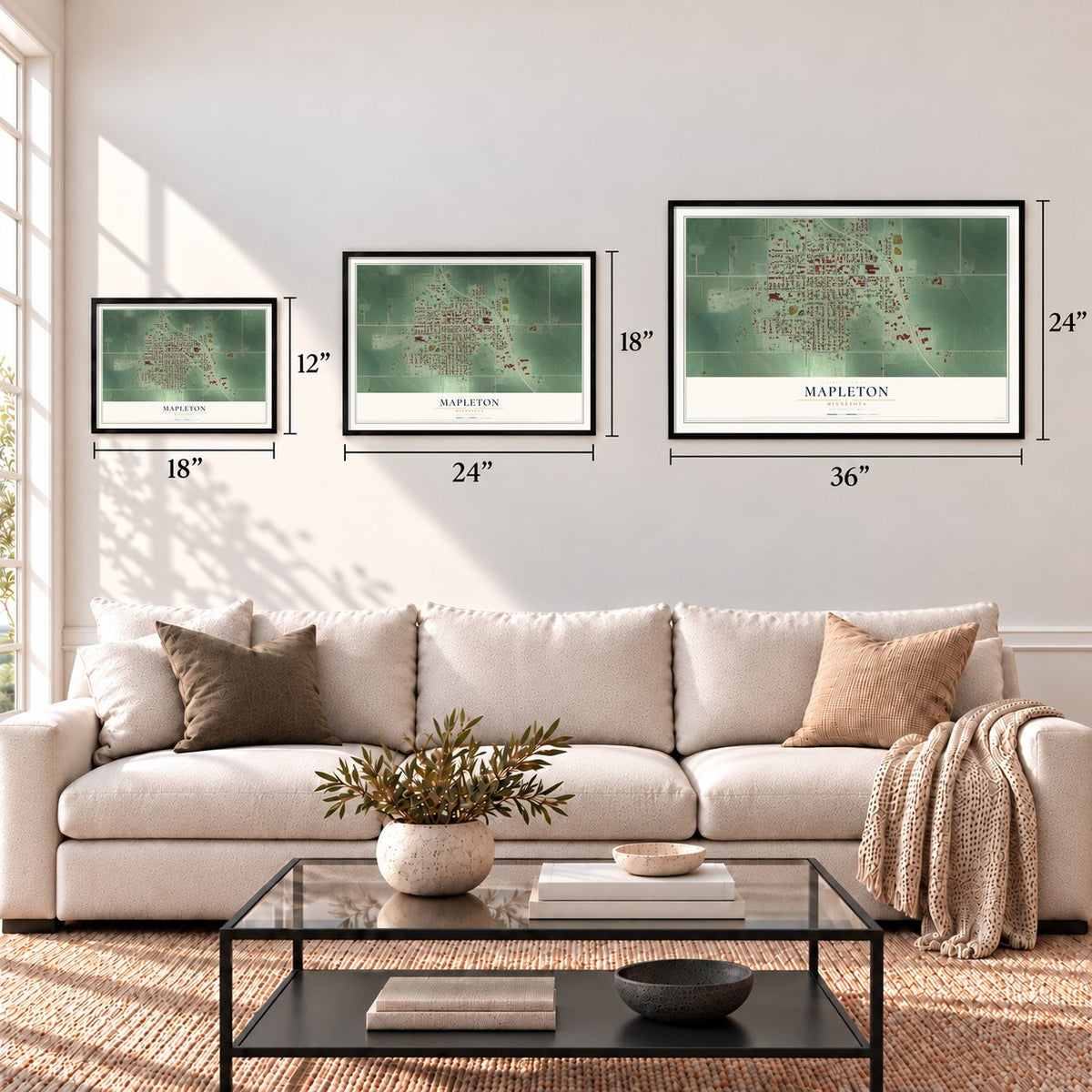Mapleton, Minnesota map in 12 x 18, 18 x 24 and 24 x 36 inch sizes above a sofa