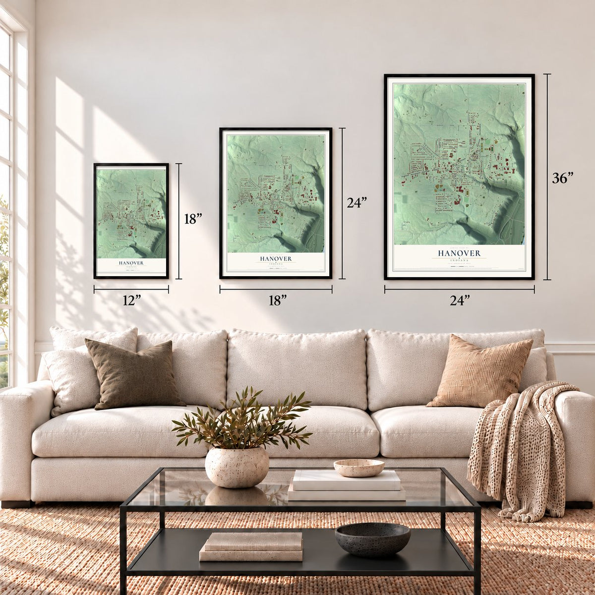 Hanover, Indiana map in 12 x 18, 18 x 24 and 24 x 36 inch sizes above a sofa