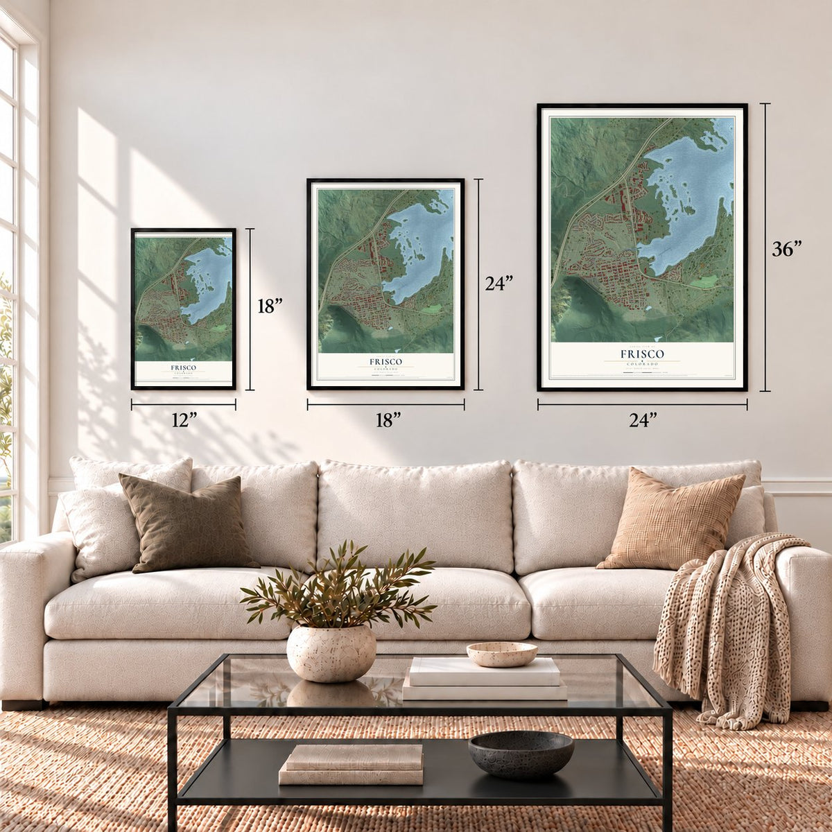 Frisco, Colorado map in 12 x 18, 18 x 24 and 24 x 36 inch sizes above a sofa