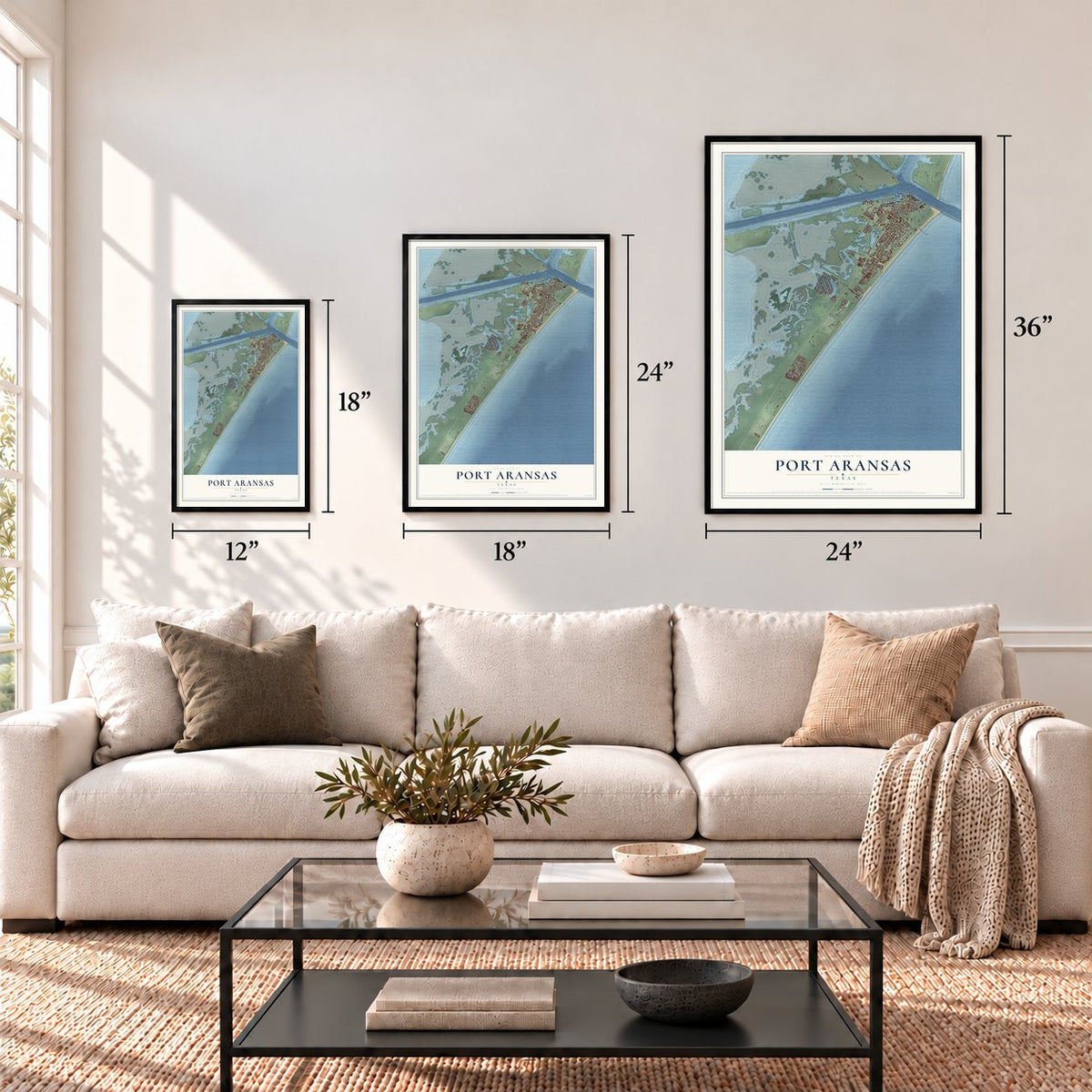 Port Aransas, Texas map in 12 x 18, 18 x 24 and 24 x 36 inch sizes above a sofa