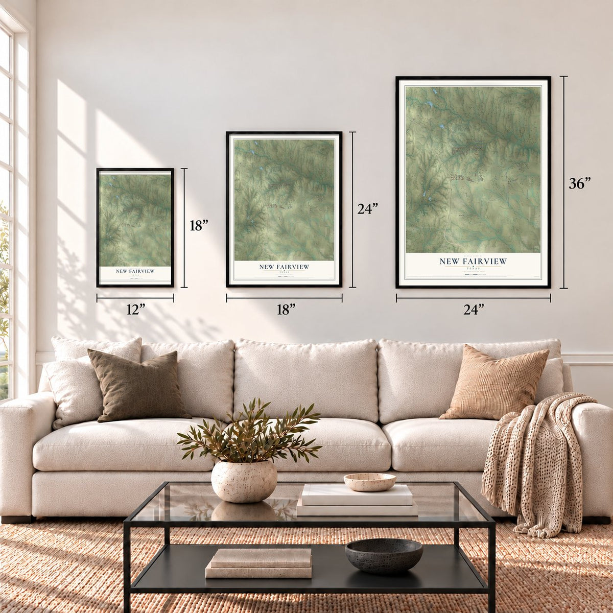 New Fairview, Texas map in 12 x 18, 18 x 24 and 24 x 36 inch sizes above a sofa