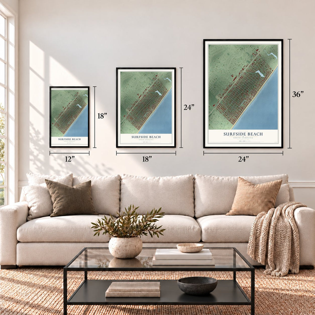 Surfside Beach, South Carolina map in 12 x 18, 18 x 24 and 24 x 36 inch sizes above a sofa