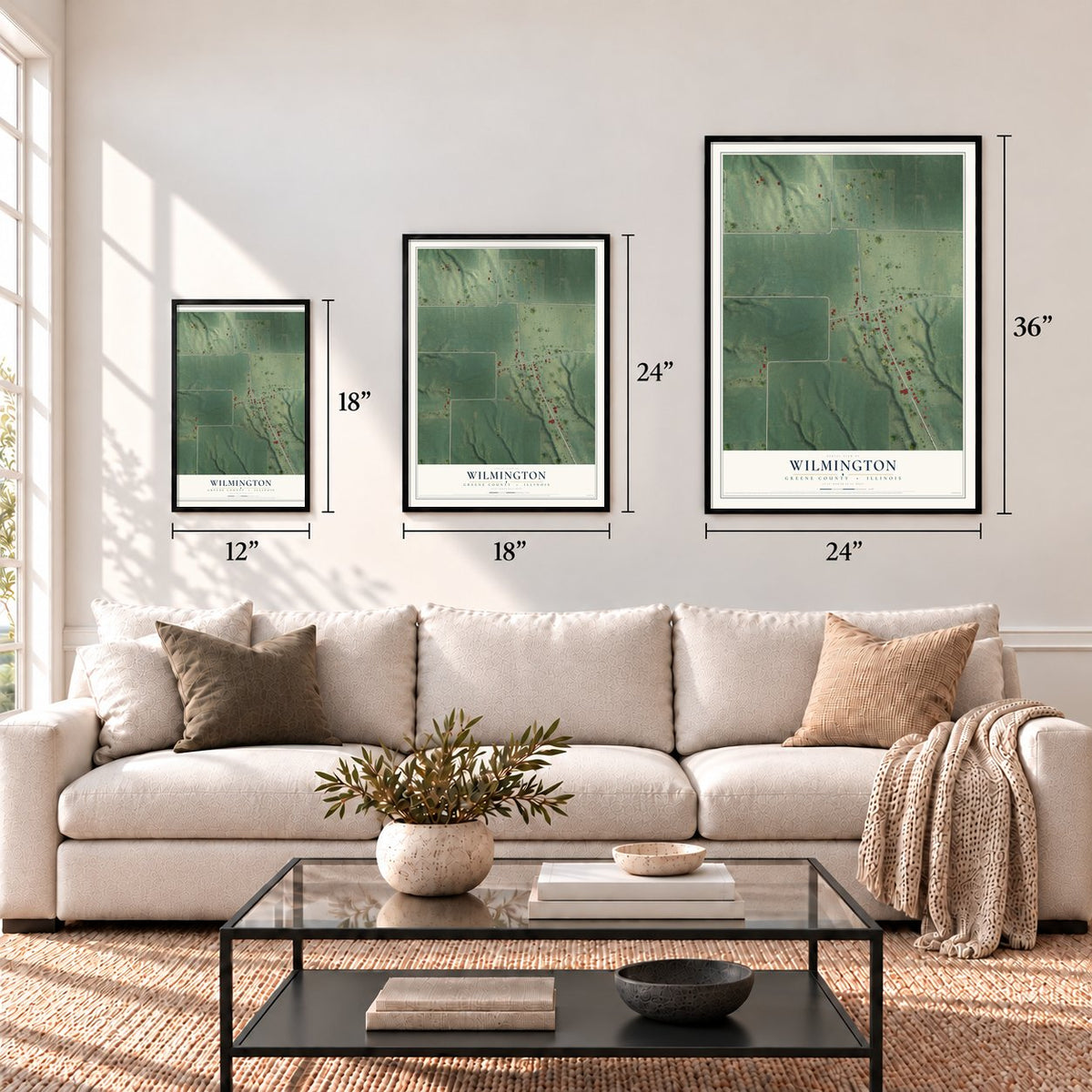 Wilmington, Greene County, Illinois map in 12 x 18, 18 x 24 and 24 x 36 inch sizes above a sofa