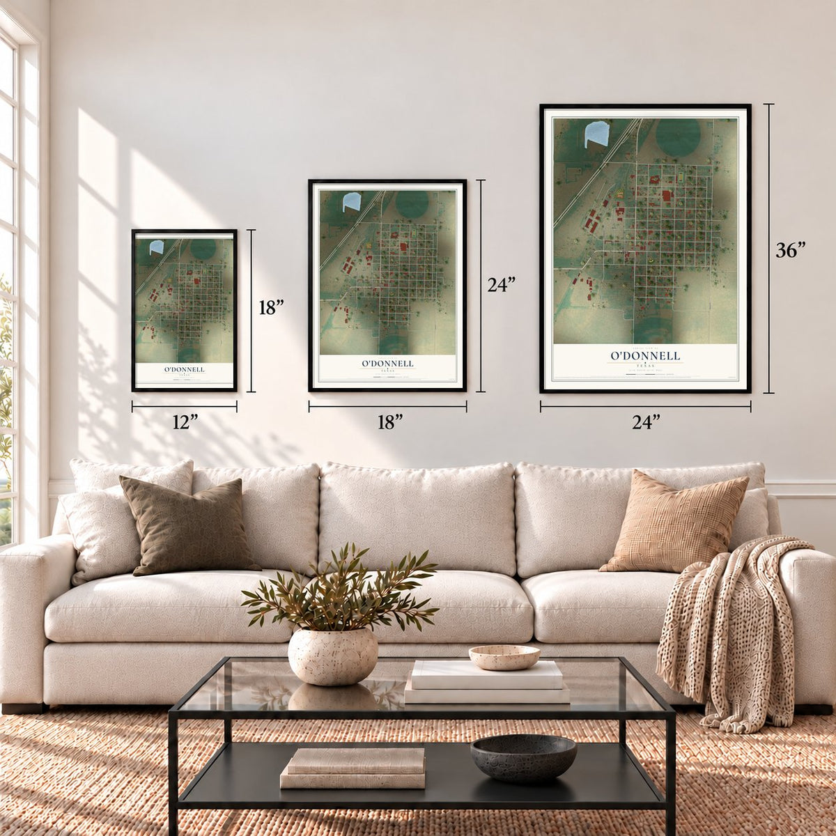 O'Donnell, Texas map in 12 x 18, 18 x 24 and 24 x 36 inch sizes above a sofa
