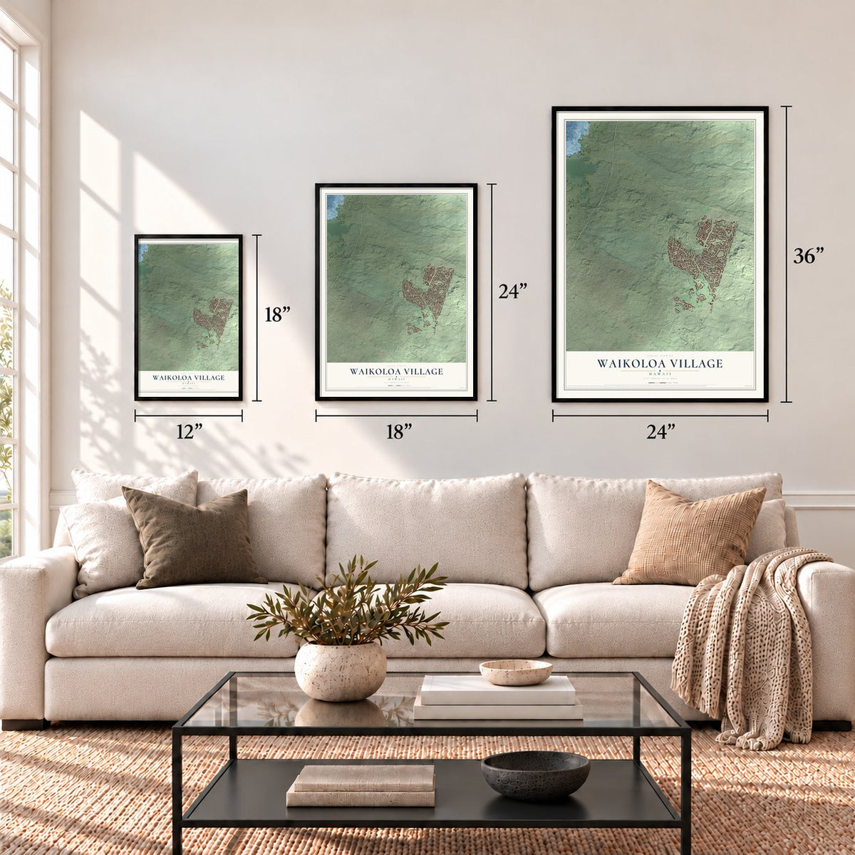 Waikoloa Village, Hawaii map in 12 x 18, 18 x 24 and 24 x 36 inch sizes above a sofa