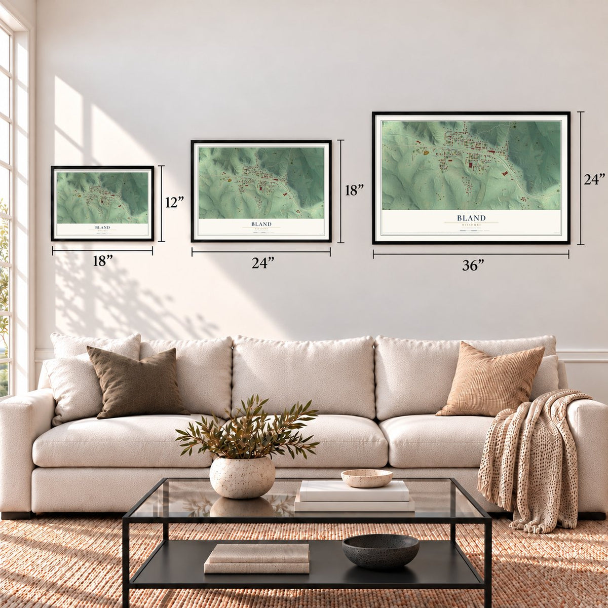 Bland, Missouri map in 12 x 18, 18 x 24 and 24 x 36 inch sizes above a sofa