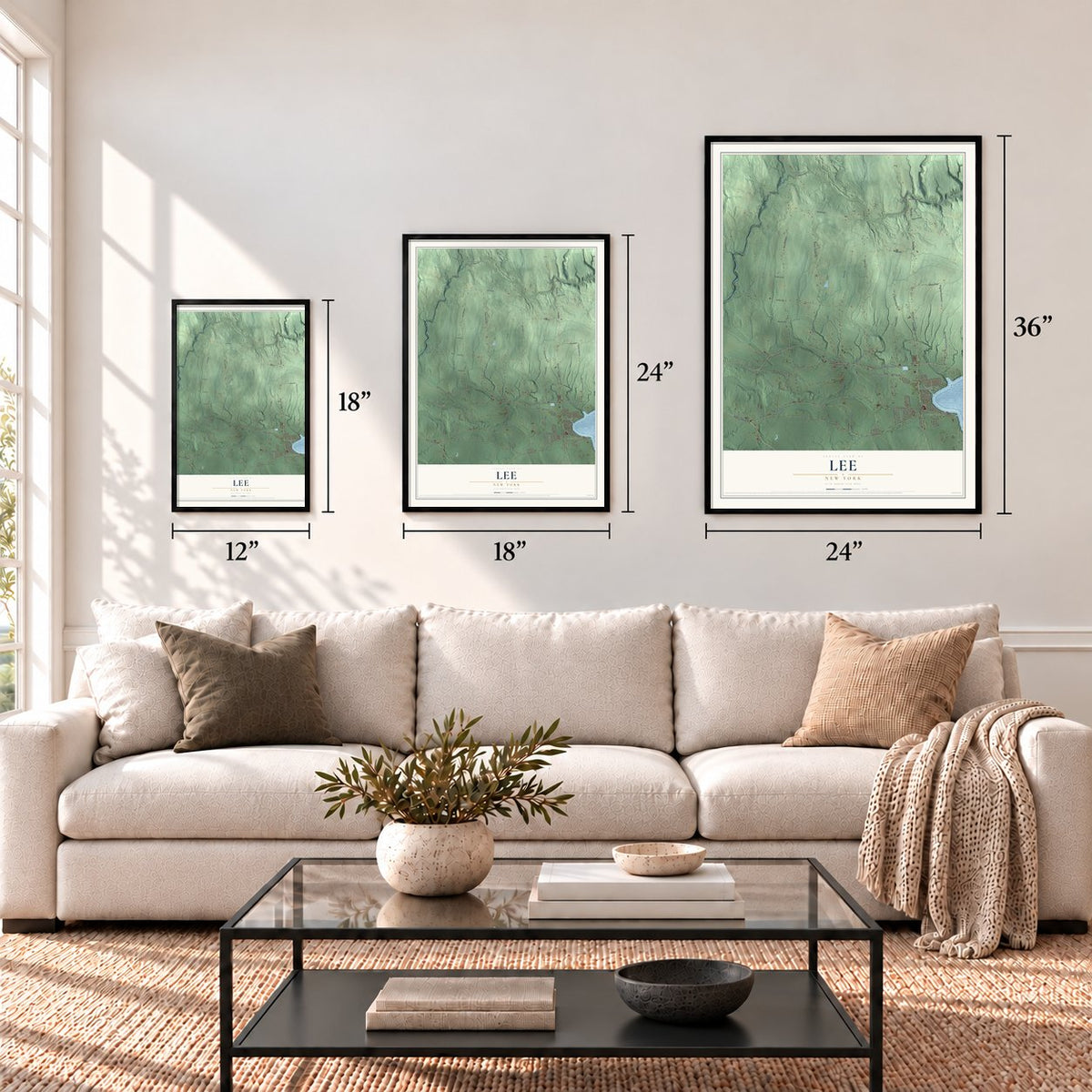 Lee, New York map in 12 x 18, 18 x 24 and 24 x 36 inch sizes above a sofa