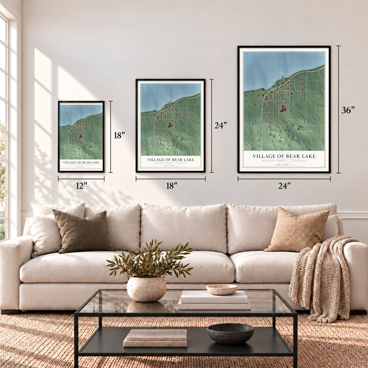 Bear Lake, Michigan map in 12 x 18, 18 x 24 and 24 x 36 inch sizes above a sofa