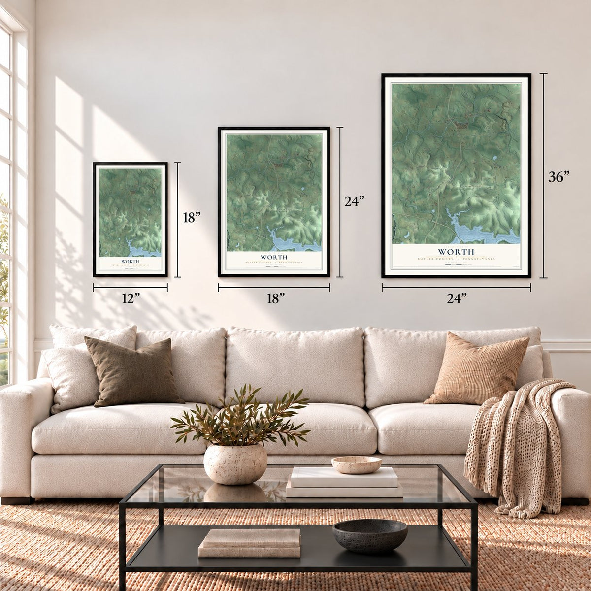 Worth, Butler County, Pennsylvania map in 12 x 18, 18 x 24 and 24 x 36 inch sizes above a sofa
