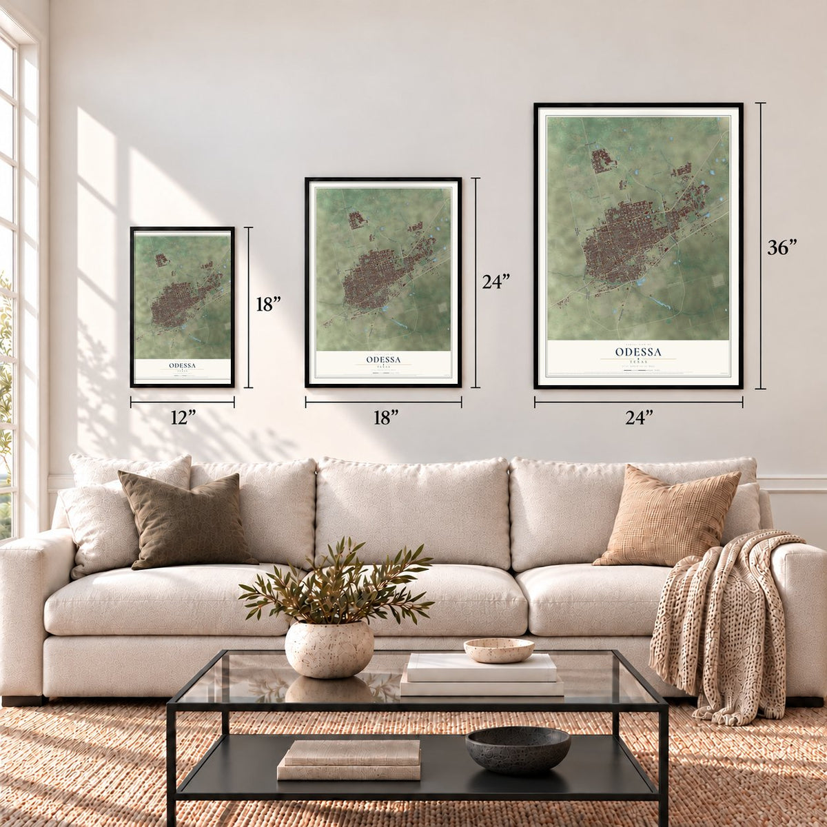 Odessa, Texas map in 12 x 18, 18 x 24 and 24 x 36 inch sizes above a sofa