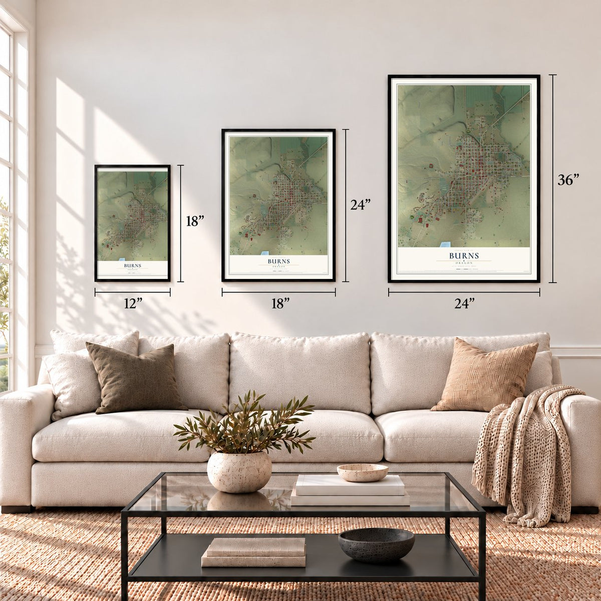 Burns, Oregon map in 12 x 18, 18 x 24 and 24 x 36 inch sizes above a sofa