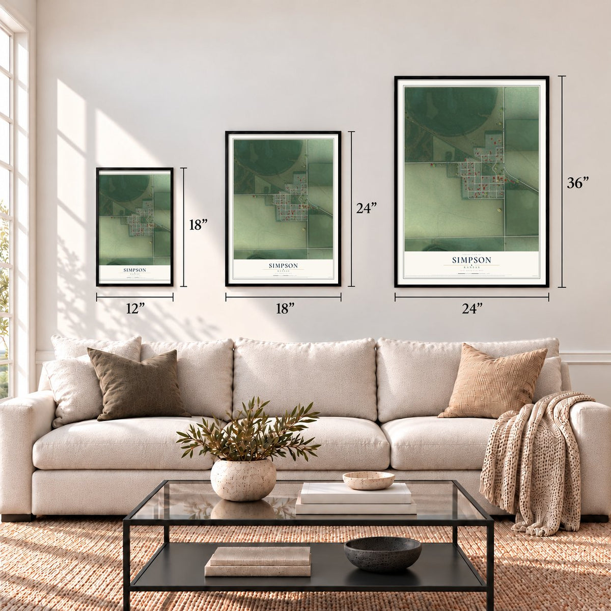 Simpson, Kansas map in 12 x 18, 18 x 24 and 24 x 36 inch sizes above a sofa
