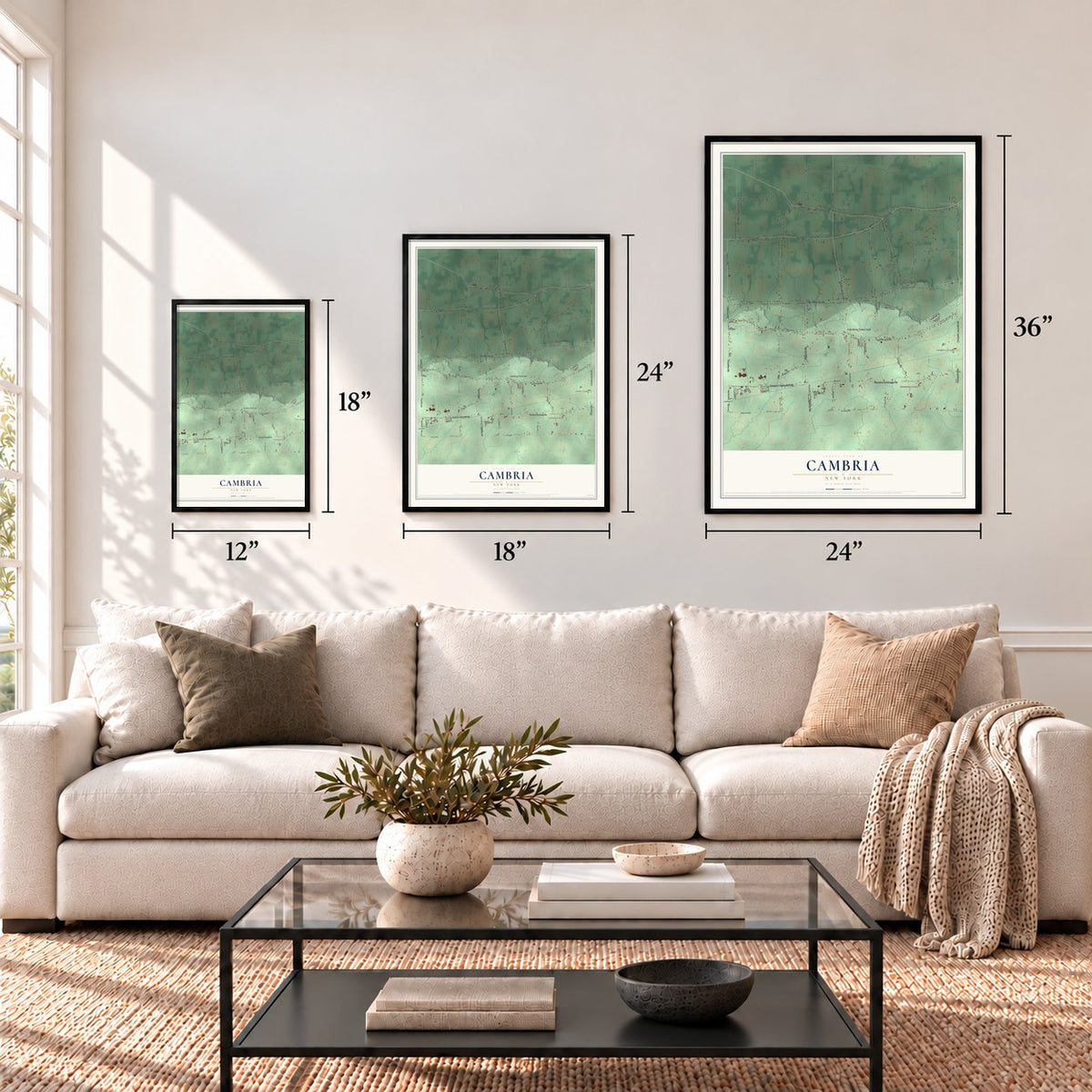 Cambria, New York map in 12 x 18, 18 x 24 and 24 x 36 inch sizes above a sofa