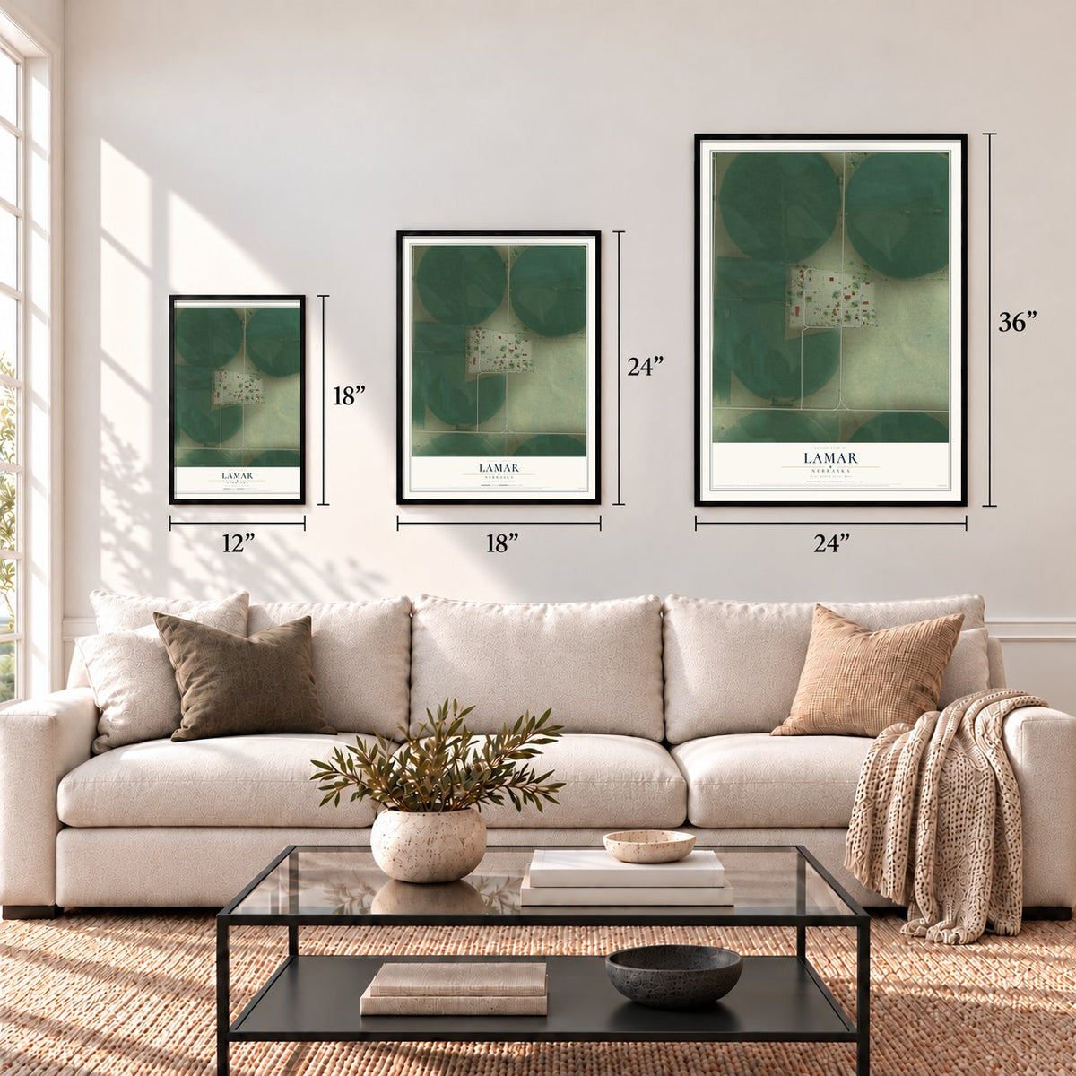 Lamar, Nebraska map in 12 x 18, 18 x 24 and 24 x 36 inch sizes above a sofa