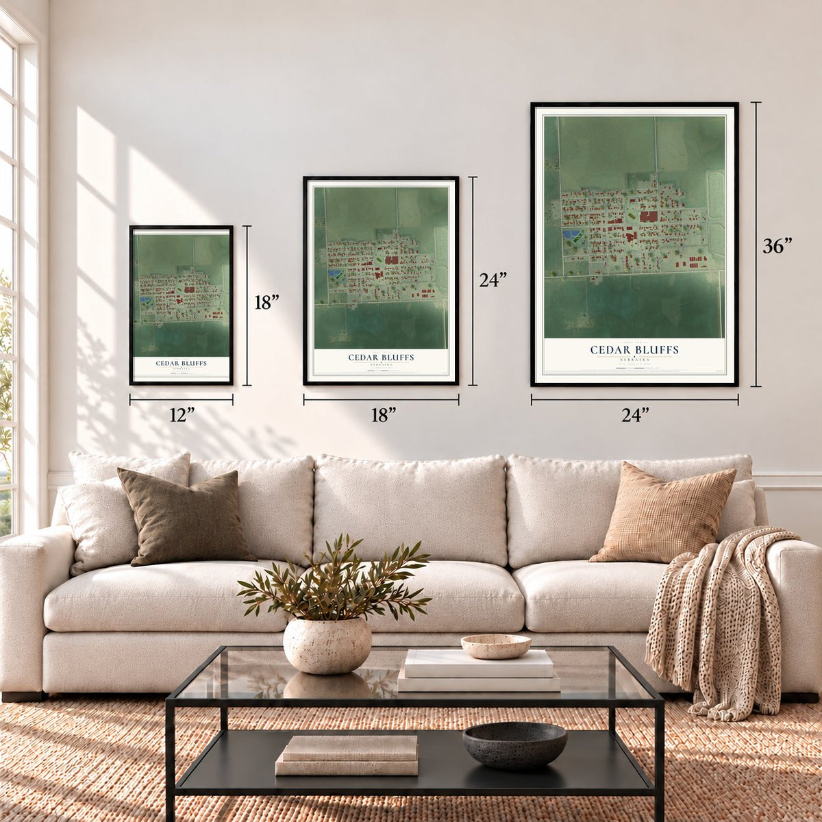 Cedar Bluffs, Nebraska map in 12 x 18, 18 x 24 and 24 x 36 inch sizes above a sofa