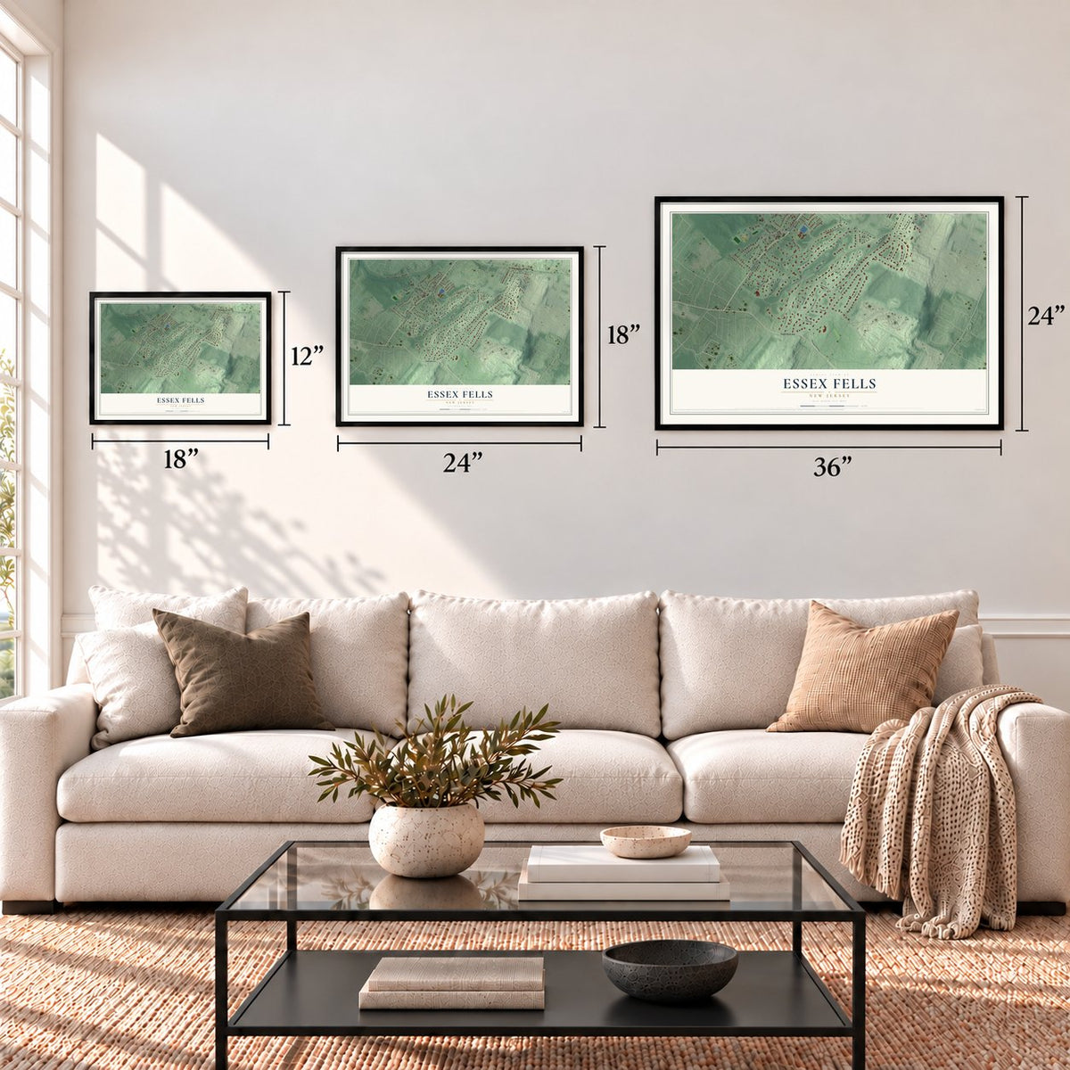 Essex Fells, New Jersey map in 12 x 18, 18 x 24 and 24 x 36 inch sizes above a sofa