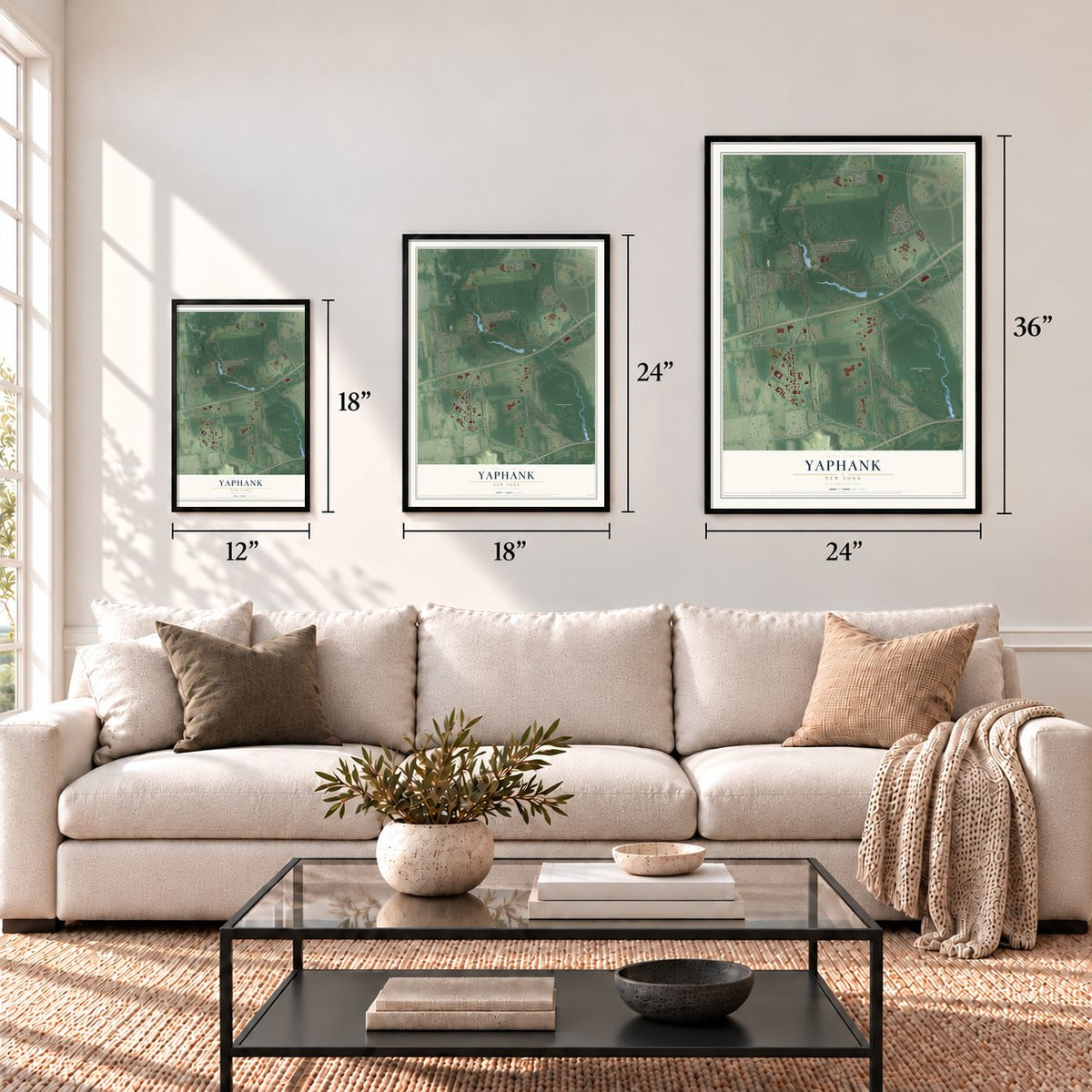 Yaphank, New York map in 12 x 18, 18 x 24 and 24 x 36 inch sizes above a sofa