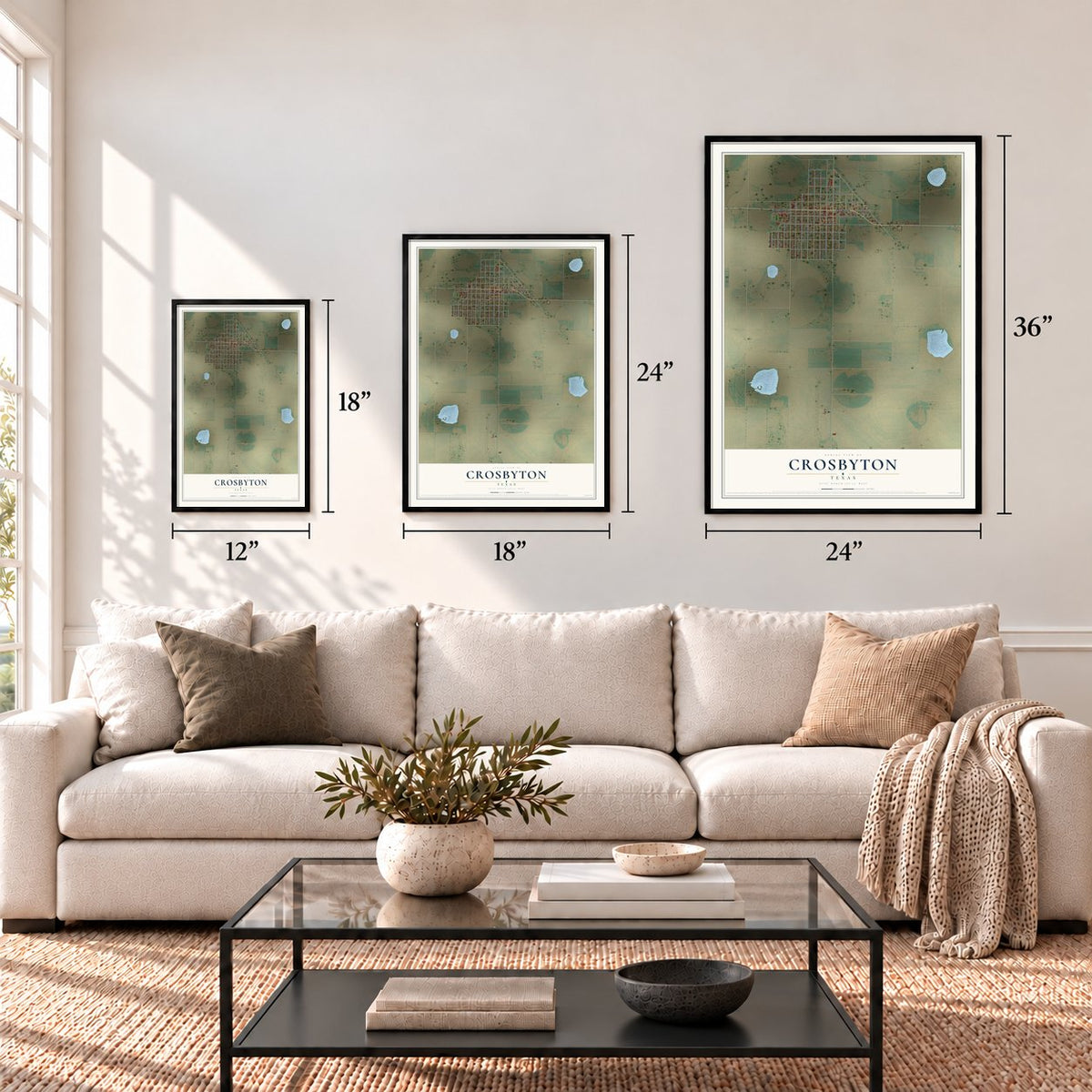 Crosbyton, Texas map in 12 x 18, 18 x 24 and 24 x 36 inch sizes above a sofa