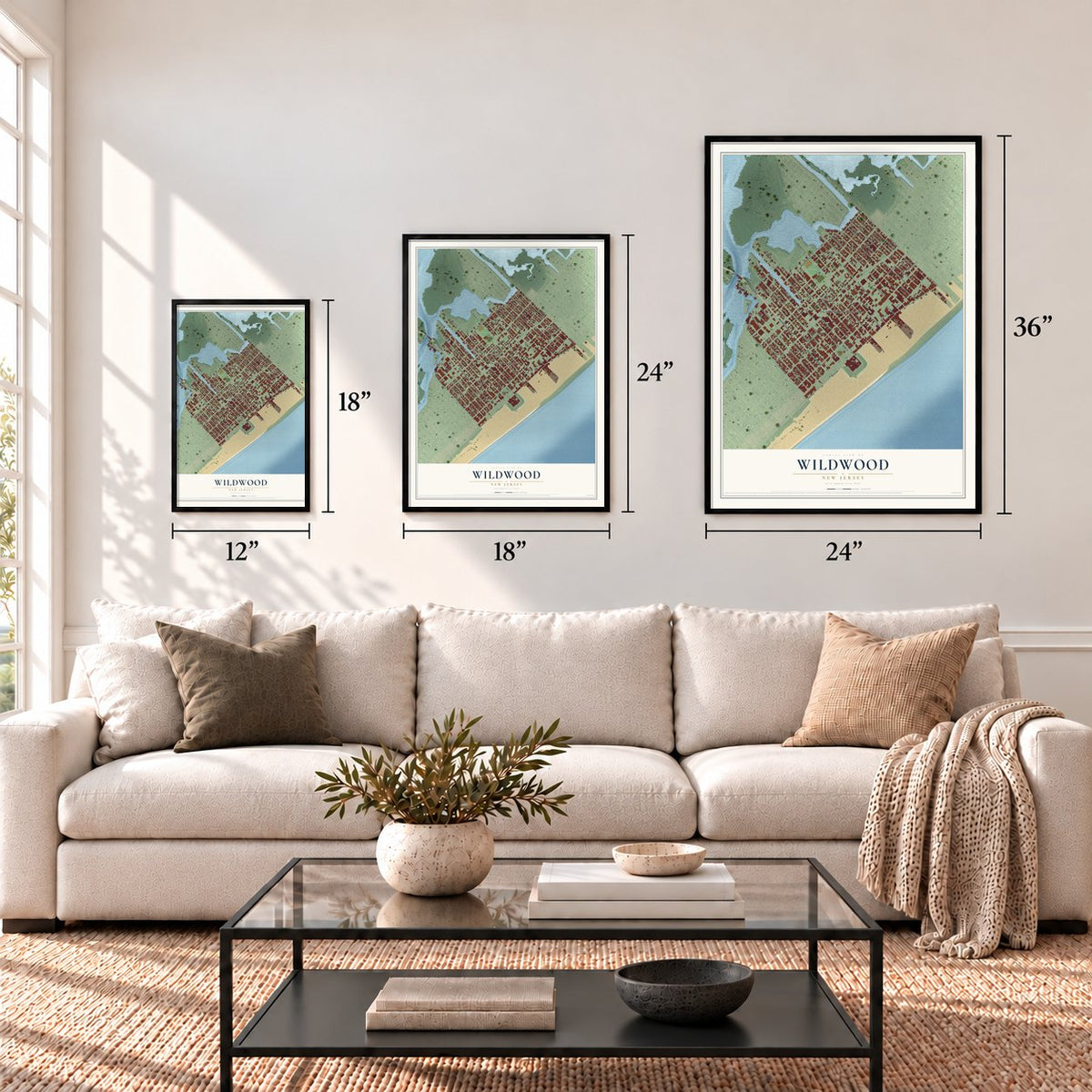 Wildwood, New Jersey map in 12 x 18, 18 x 24 and 24 x 36 inch sizes above a sofa