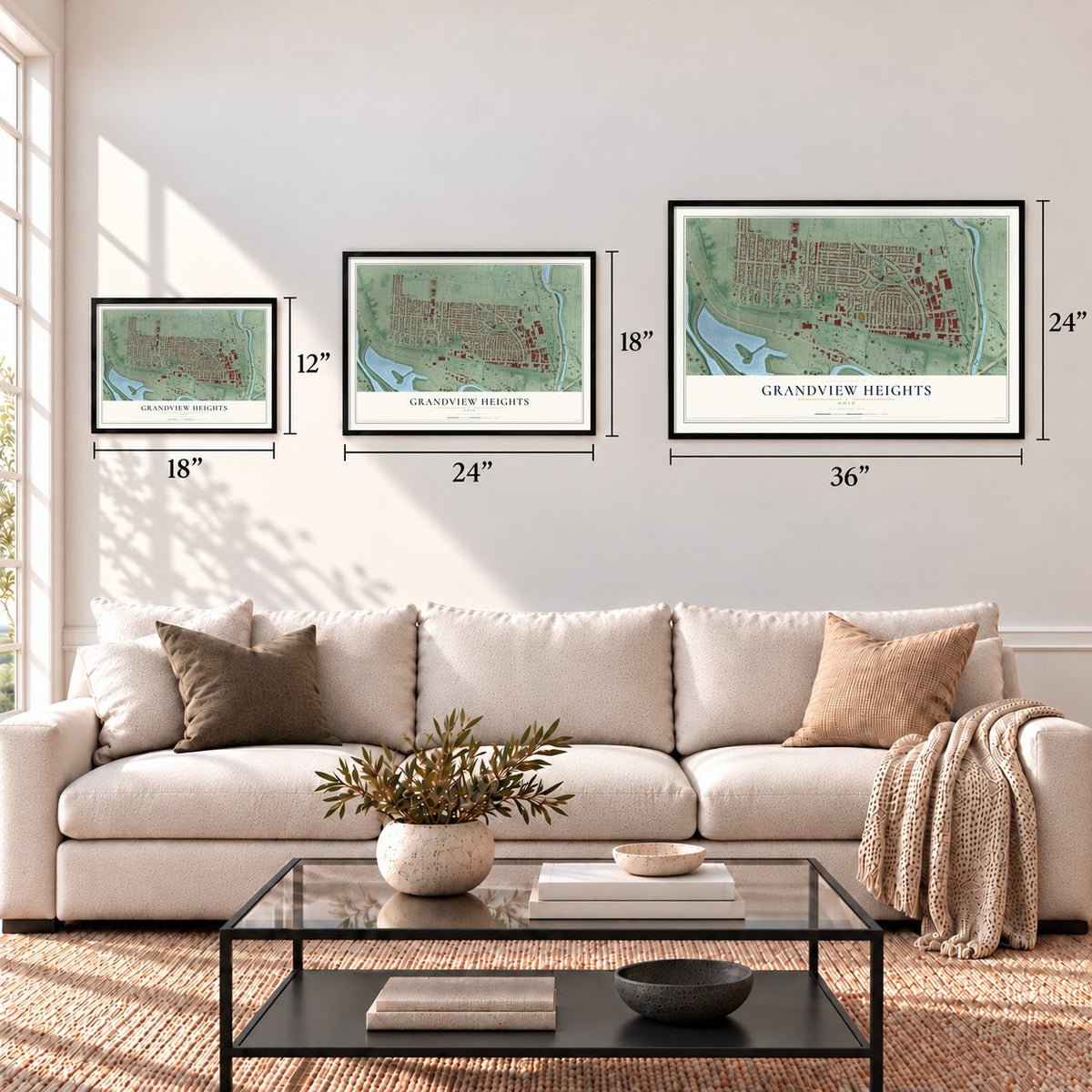 Grandview Heights, Ohio map in 12 x 18, 18 x 24 and 24 x 36 inch sizes above a sofa