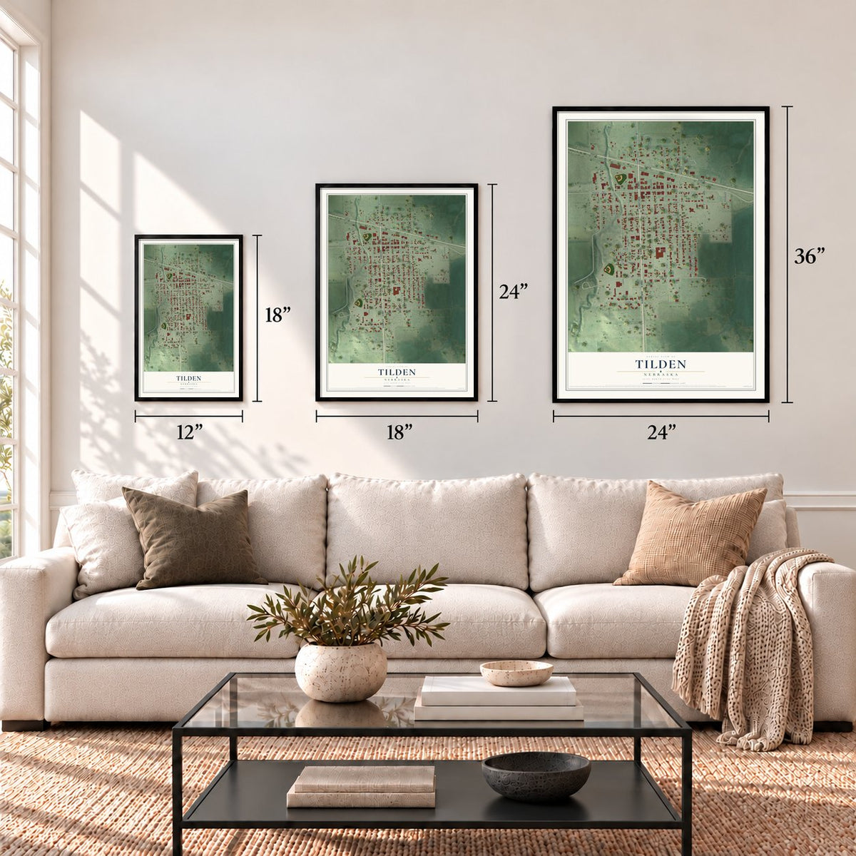 Tilden, Nebraska map in 12 x 18, 18 x 24 and 24 x 36 inch sizes above a sofa