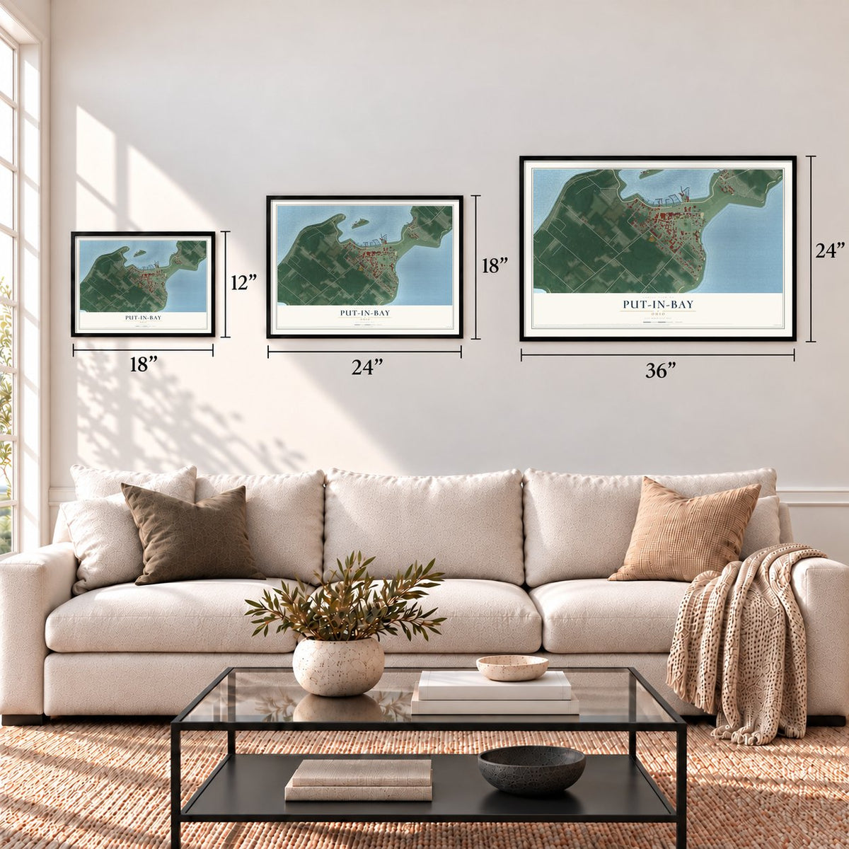 Put-in-Bay, Ohio map in 12 x 18, 18 x 24 and 24 x 36 inch sizes above a sofa