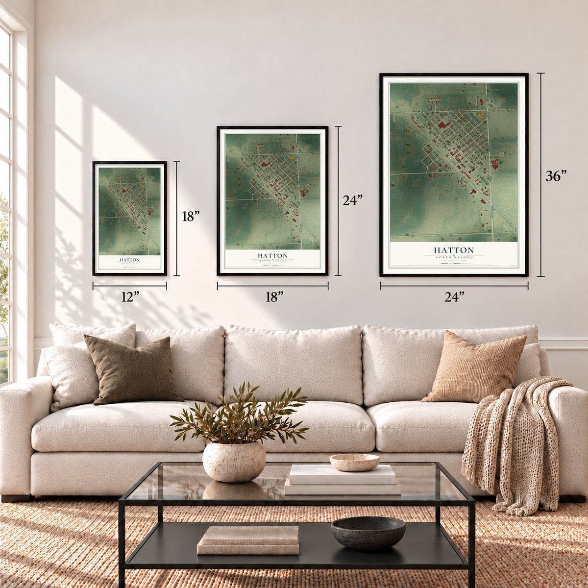 Hatton, North Dakota map in 12 x 18, 18 x 24 and 24 x 36 inch sizes above a sofa