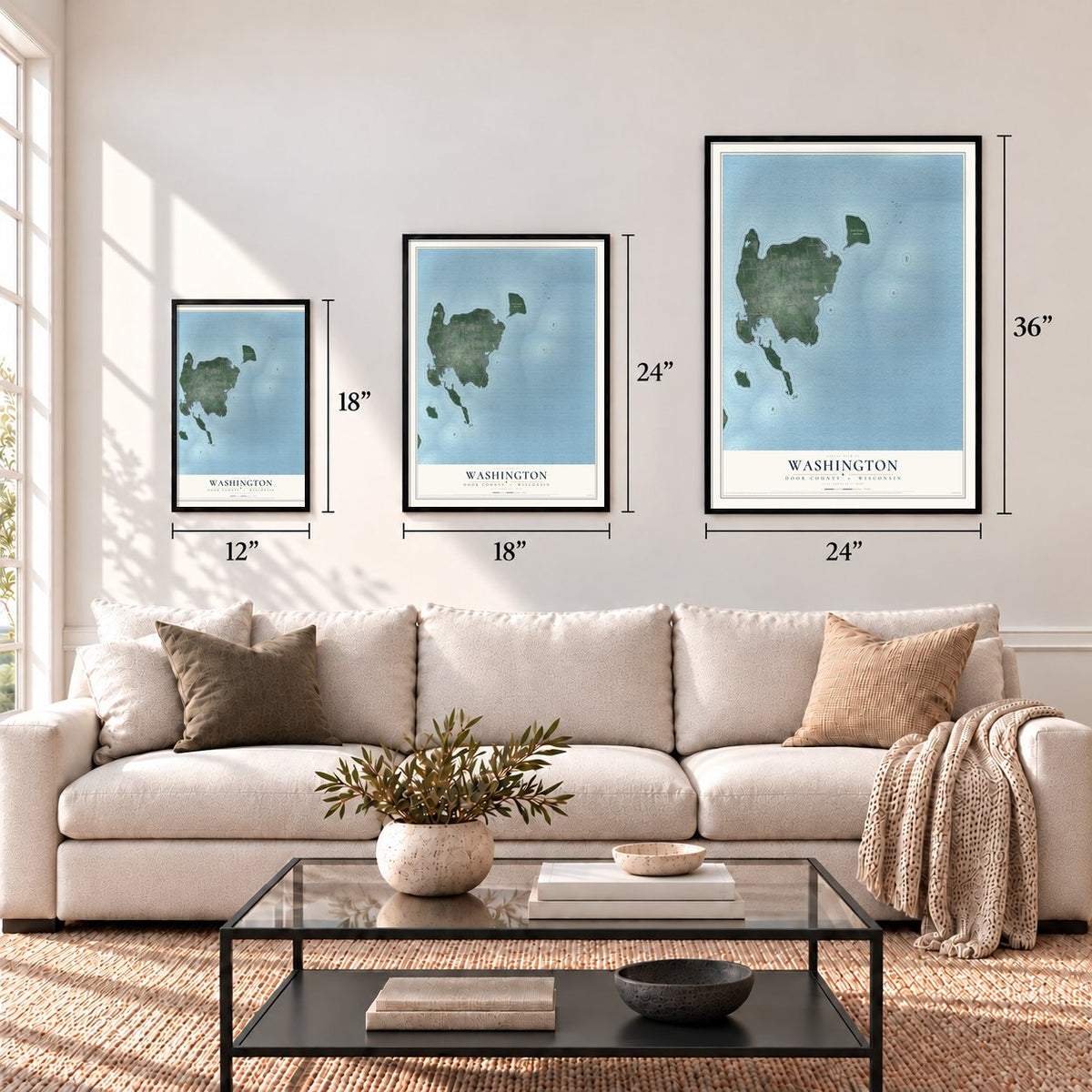 Washington, Door County, Wisconsin map in 12 x 18, 18 x 24 and 24 x 36 inch sizes above a sofa