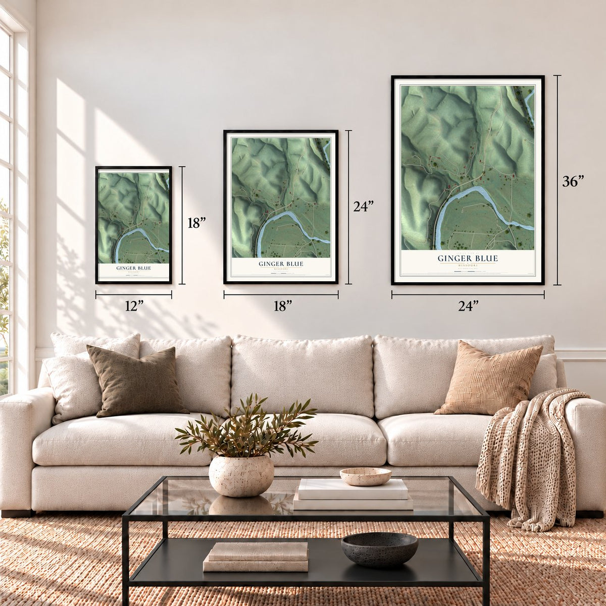 Ginger Blue, Missouri map in 12 x 18, 18 x 24 and 24 x 36 inch sizes above a sofa