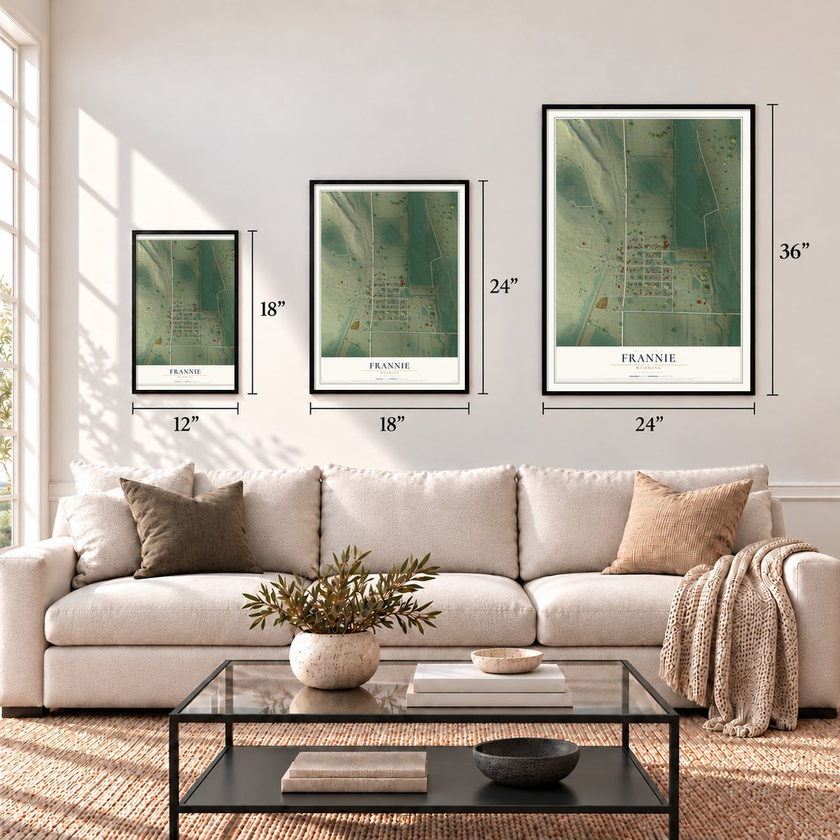 Frannie, Wyoming map in 12 x 18, 18 x 24 and 24 x 36 inch sizes above a sofa