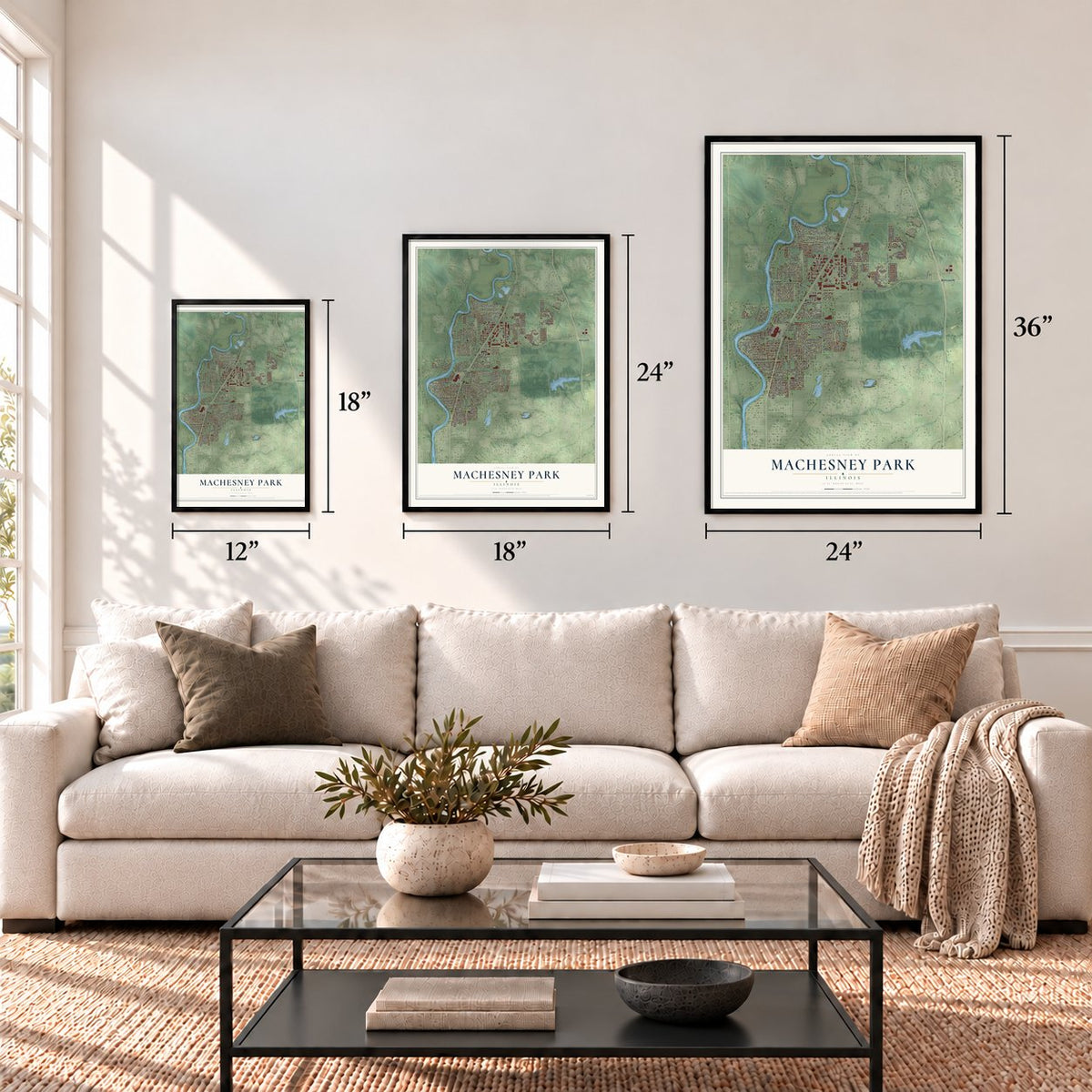Machesney Park, Illinois map in 12 x 18, 18 x 24 and 24 x 36 inch sizes above a sofa